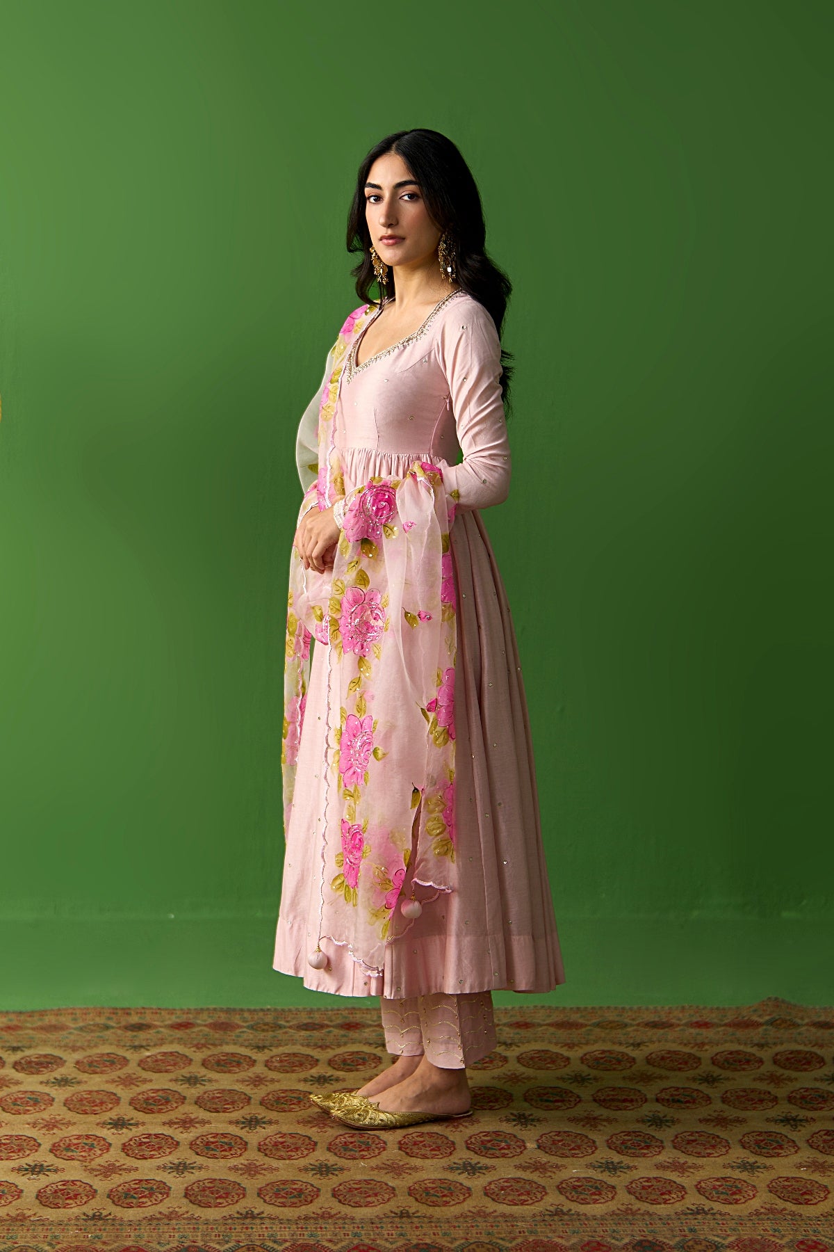 Sirat Vol. 2 Soft Pink Solid Anarkali With Palazzo And Hand Painted Dupatta ( Set Of 3) - Ready to ship