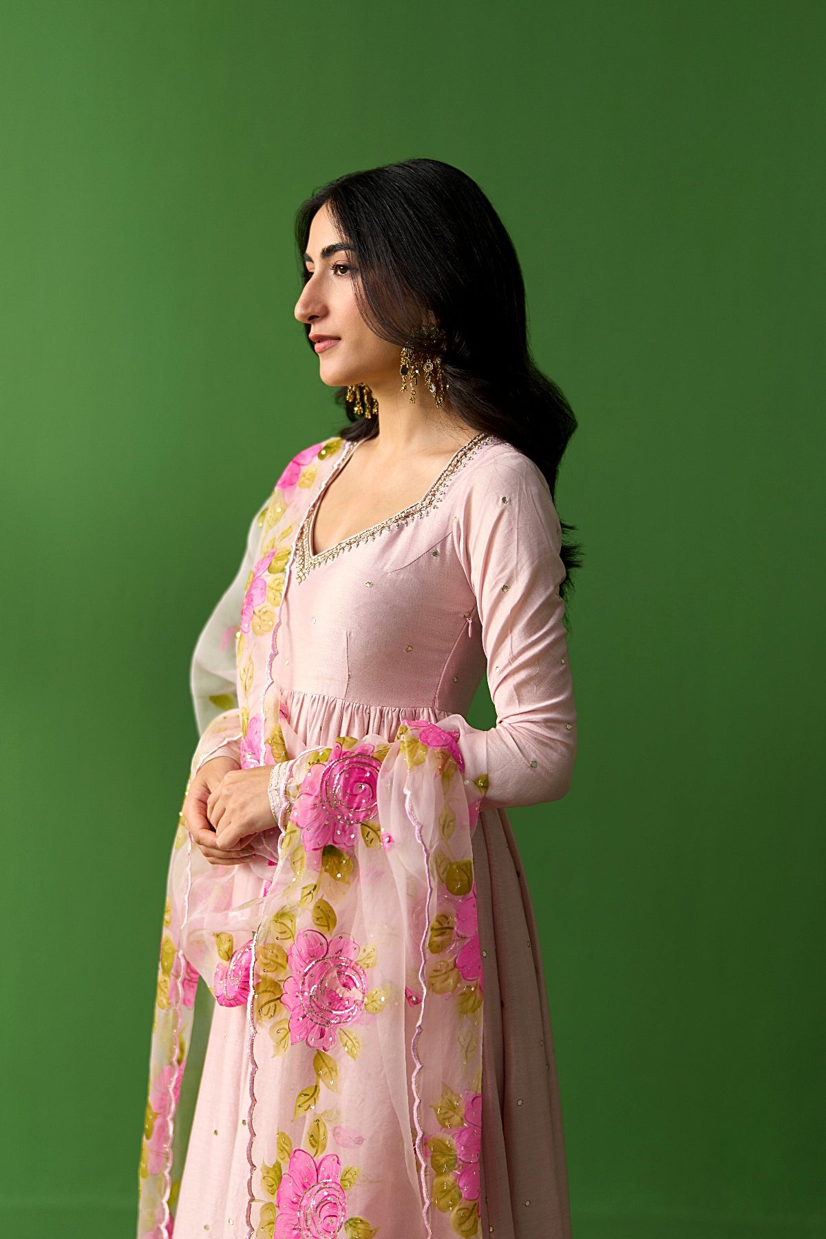 Sirat Vol. 2 Soft Pink Solid Anarkali With Palazzo And Hand Painted Dupatta ( Set Of 3) - Ready to ship