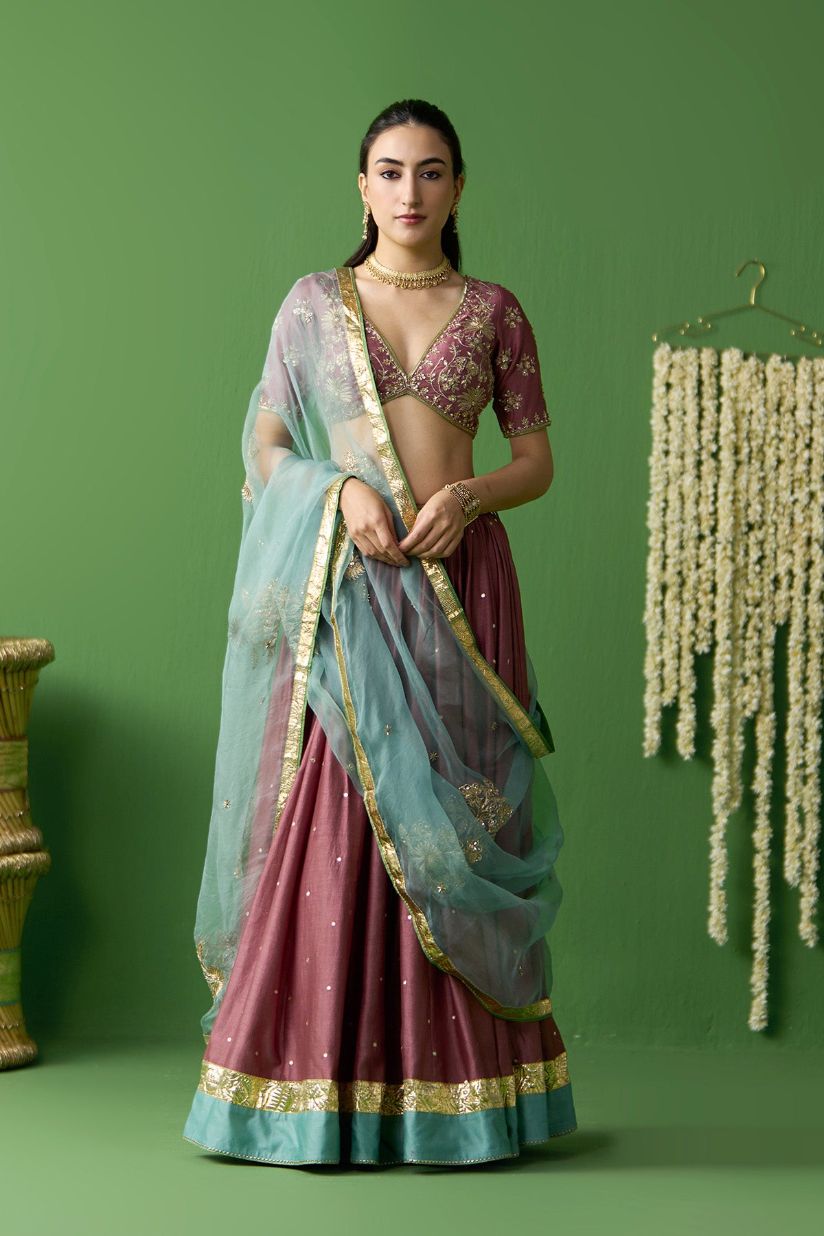 Gulnaar Onion Pink Embroidered lehenga with blouse and dupatta ( set of 3) - Ready to ship