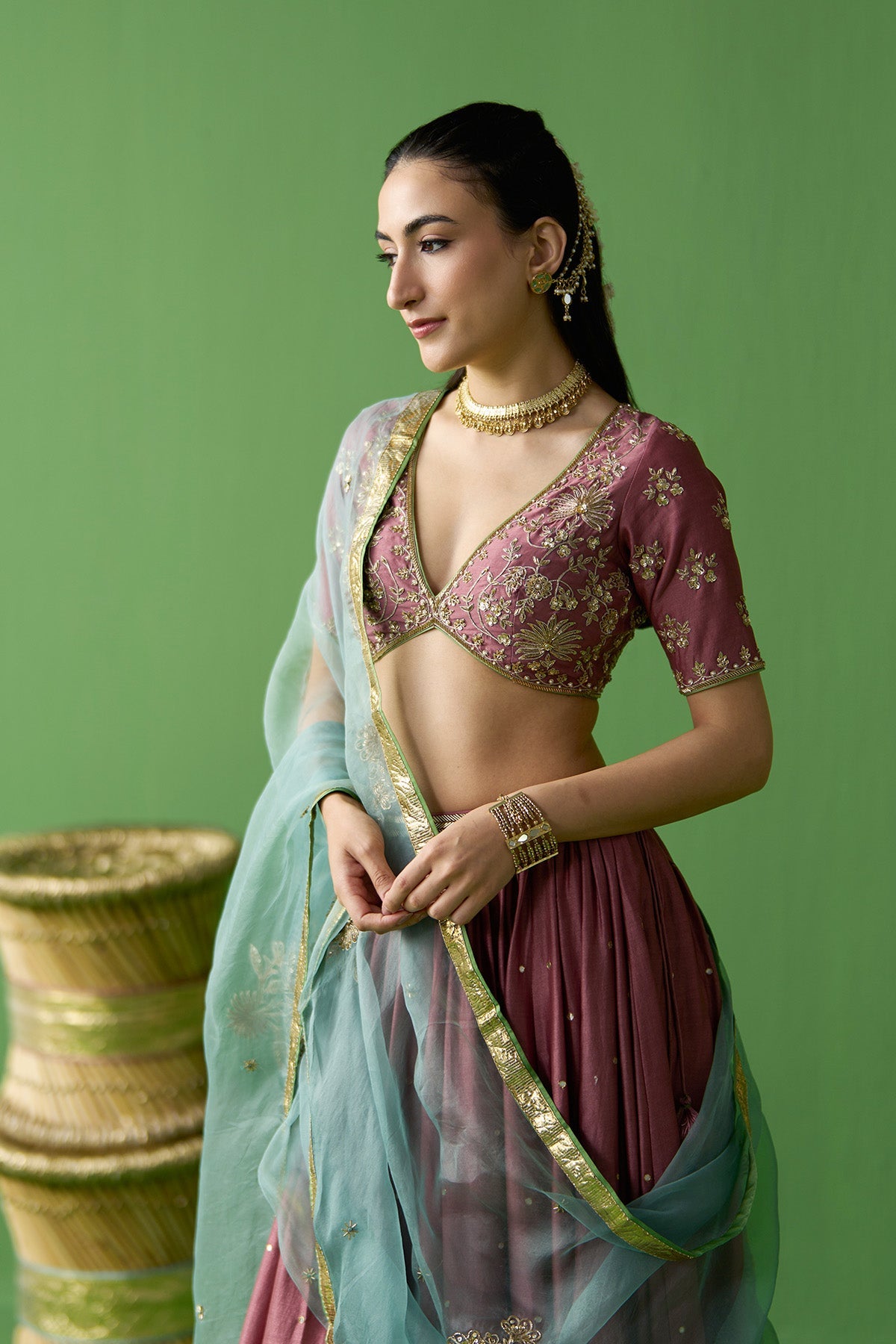 Gulnaar Onion Pink Embroidered lehenga with blouse and dupatta ( set of 3) - Ready to ship