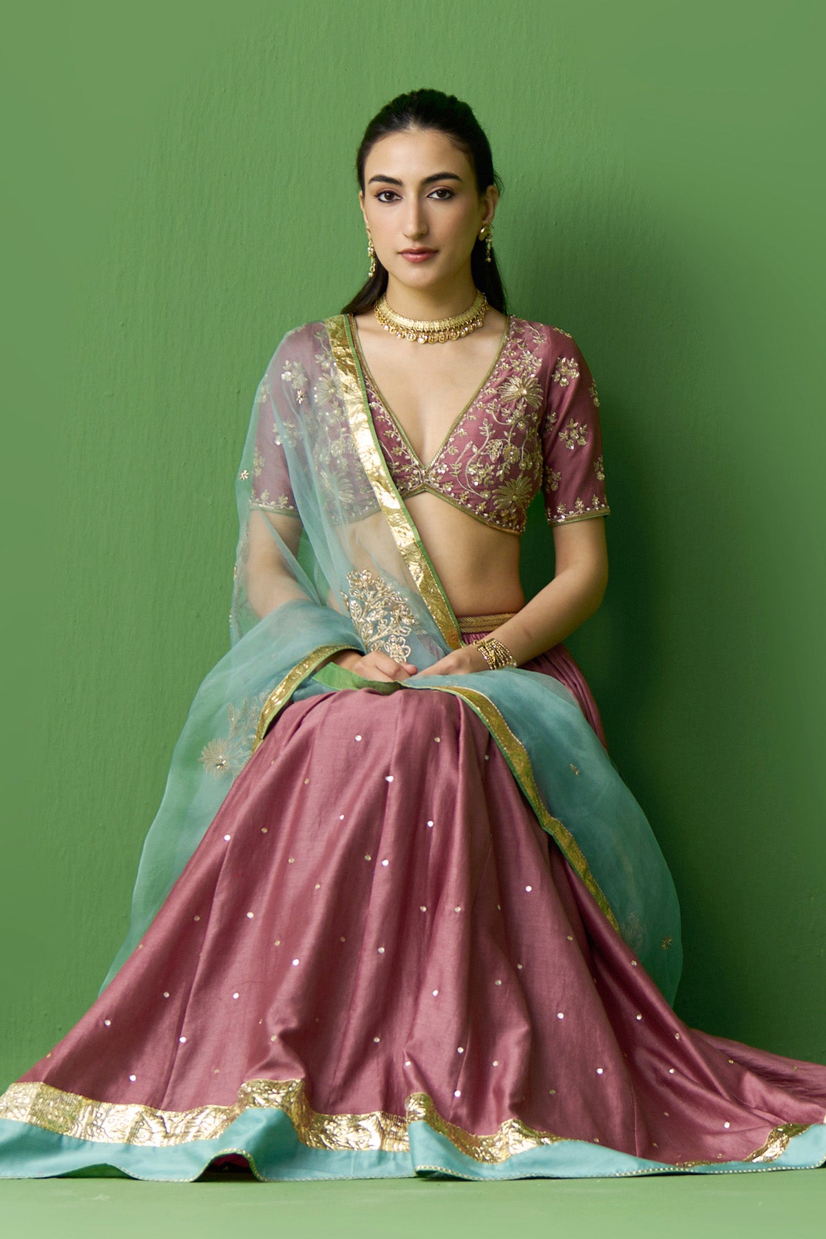 Gulnaar Onion Pink Embroidered lehenga with blouse and dupatta ( set of 3) - Ready to ship