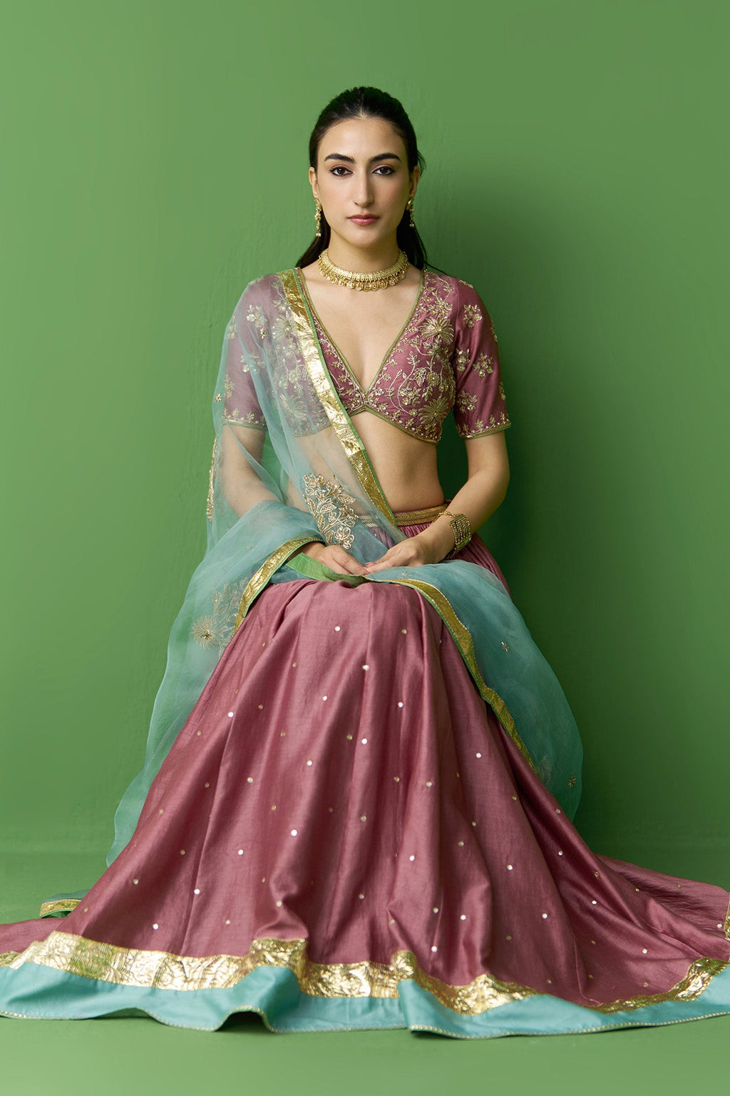 Gulnaar Onion Pink Embroidered lehenga with blouse and dupatta ( set of 3) - Ready to ship