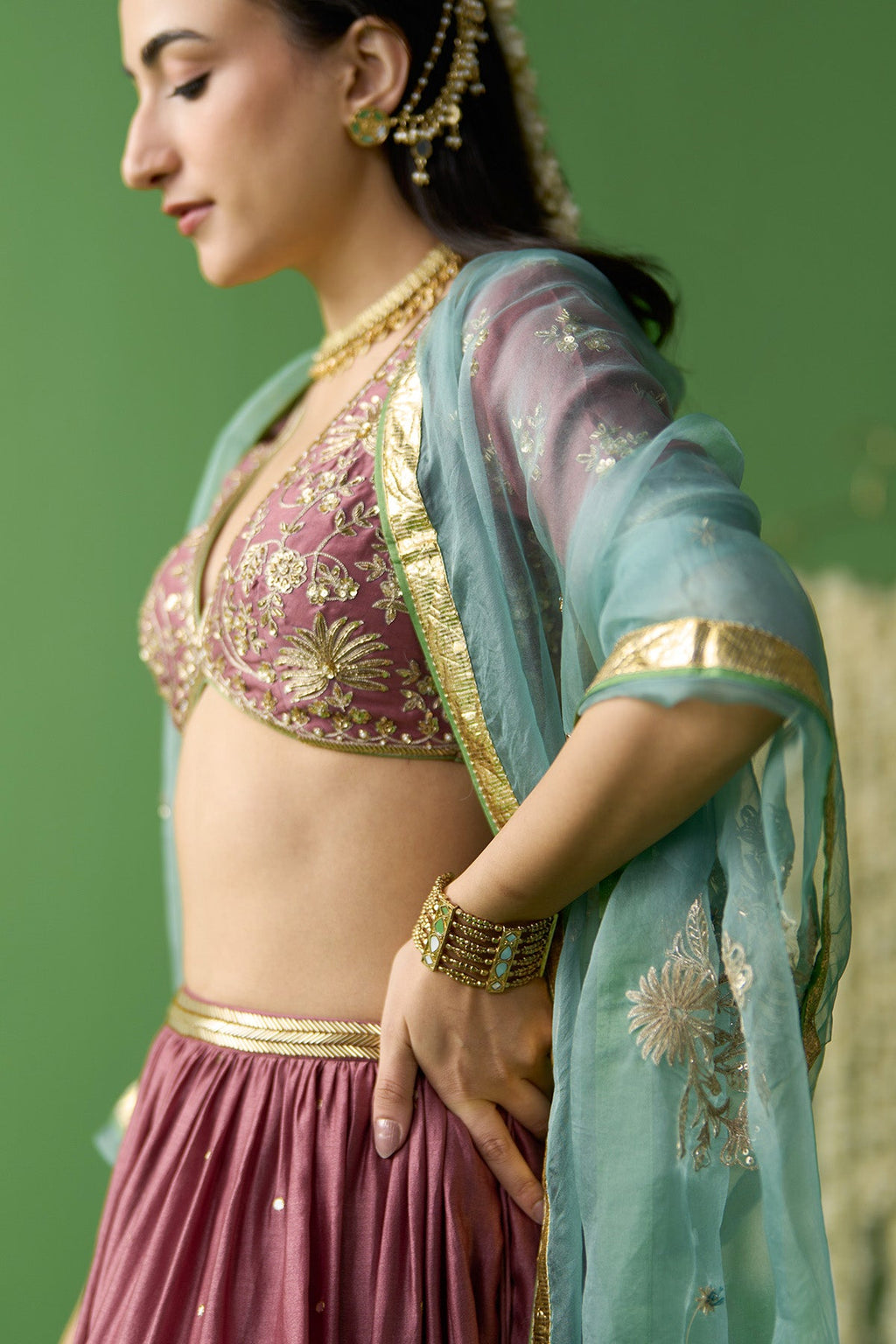 Gulnaar Onion Pink Embroidered lehenga with blouse and dupatta ( set of 3) - Ready to ship