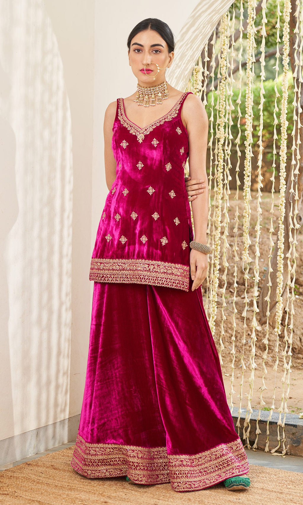 Mirzya - Rani Pink Velvet Sharara set with organza dupatta - setof 3 - Ready to ship