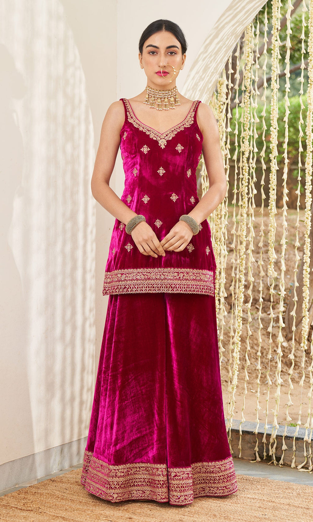 Mirzya - Rani Pink Velvet Sharara set with organza dupatta - setof 3 - Ready to ship
