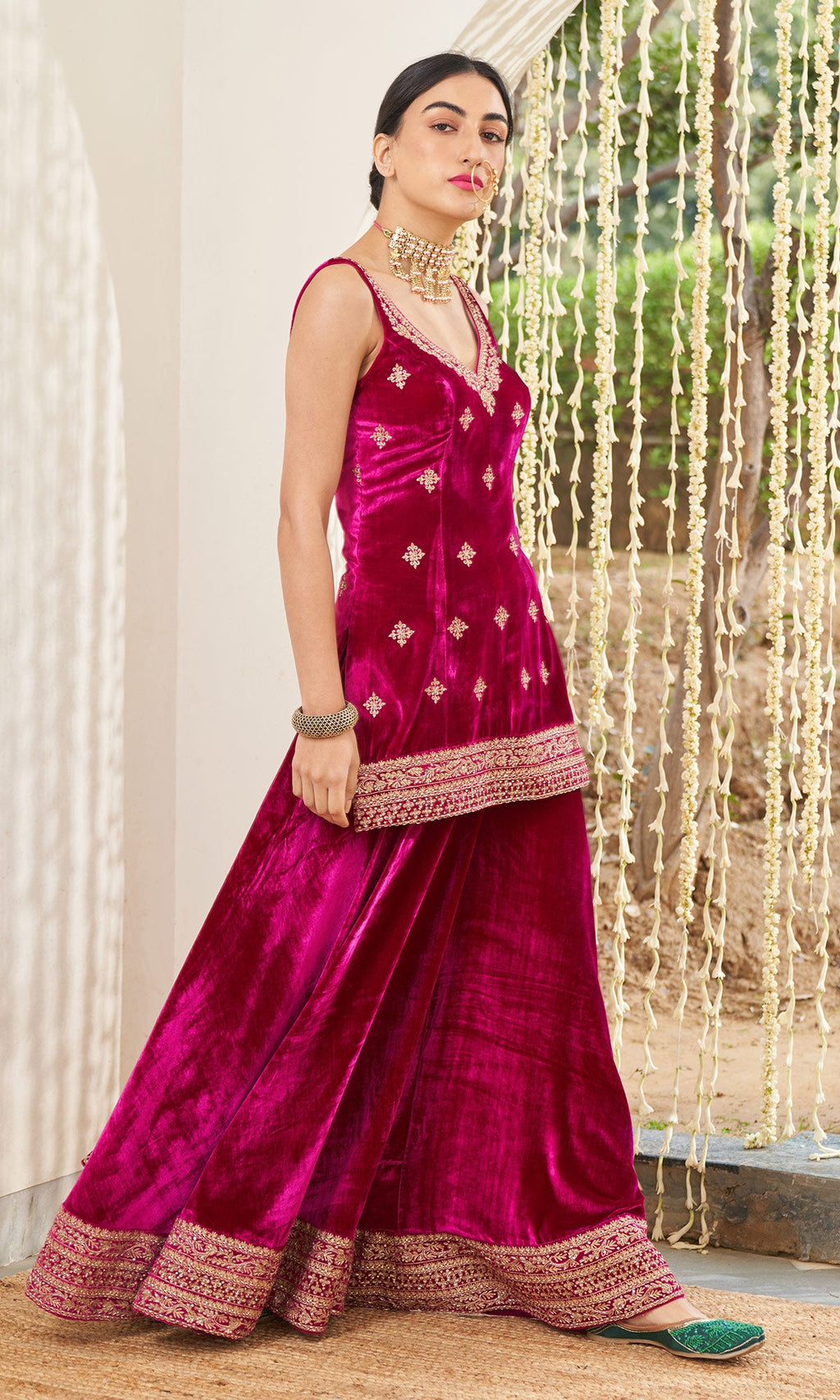 Mirzya - Rani Pink Velvet Sharara set with organza dupatta - setof 3 - Ready to ship