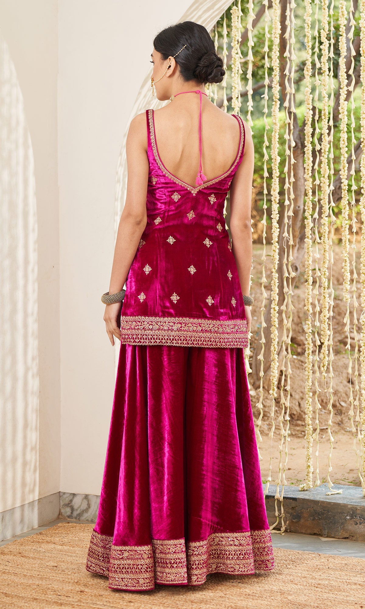 Mirzya - Rani Pink Velvet Sharara set with organza dupatta - setof 3 - Ready to ship
