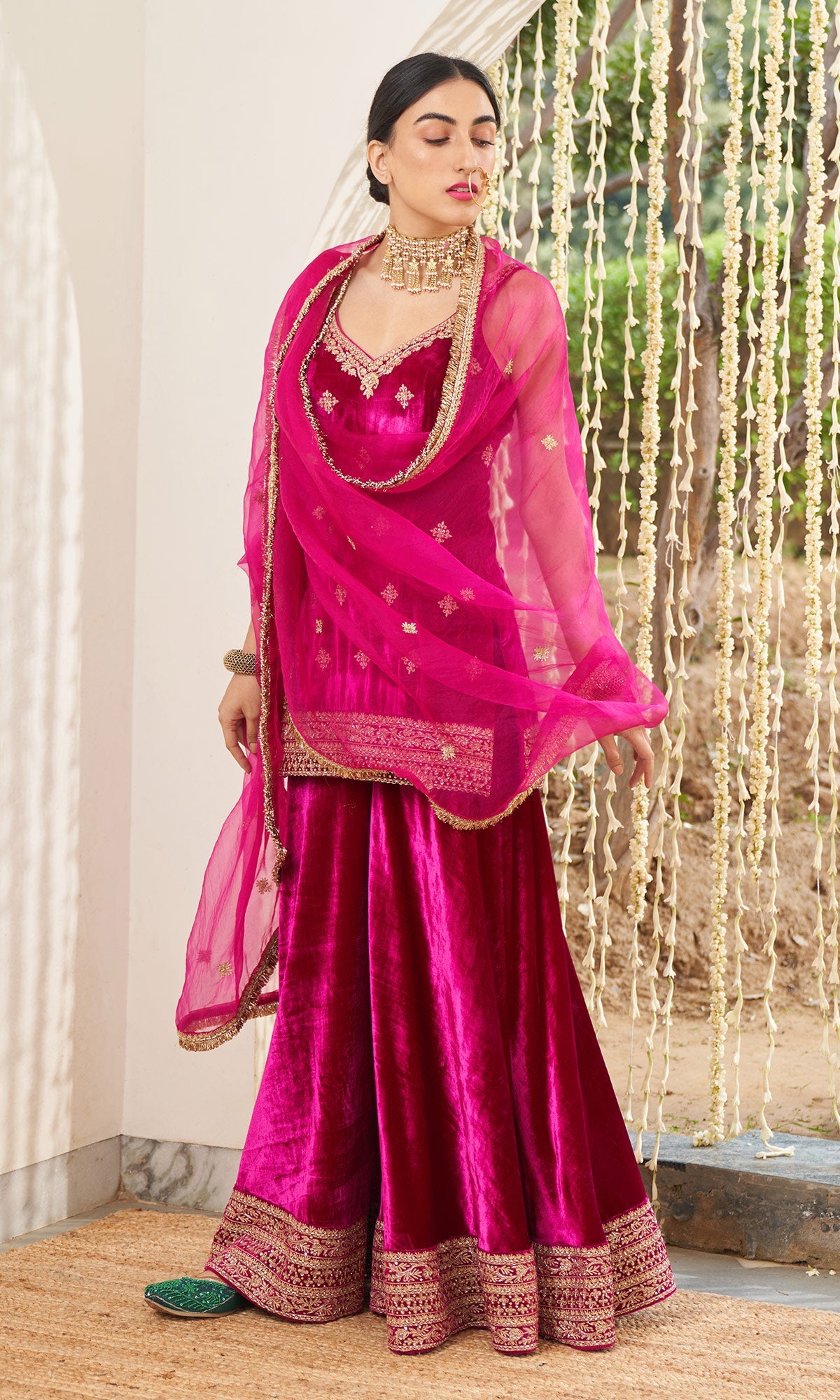 Mirzya - Rani Pink Velvet Sharara set with organza dupatta - setof 3 - Ready to ship