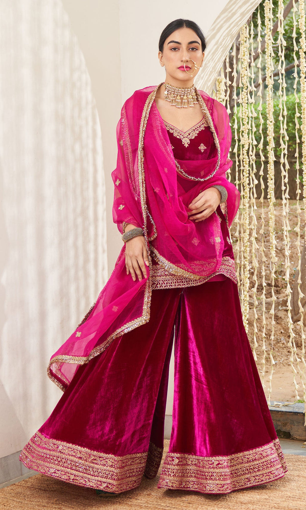 Mirzya - Rani Pink Velvet Sharara set with organza dupatta - setof 3 - Ready to ship