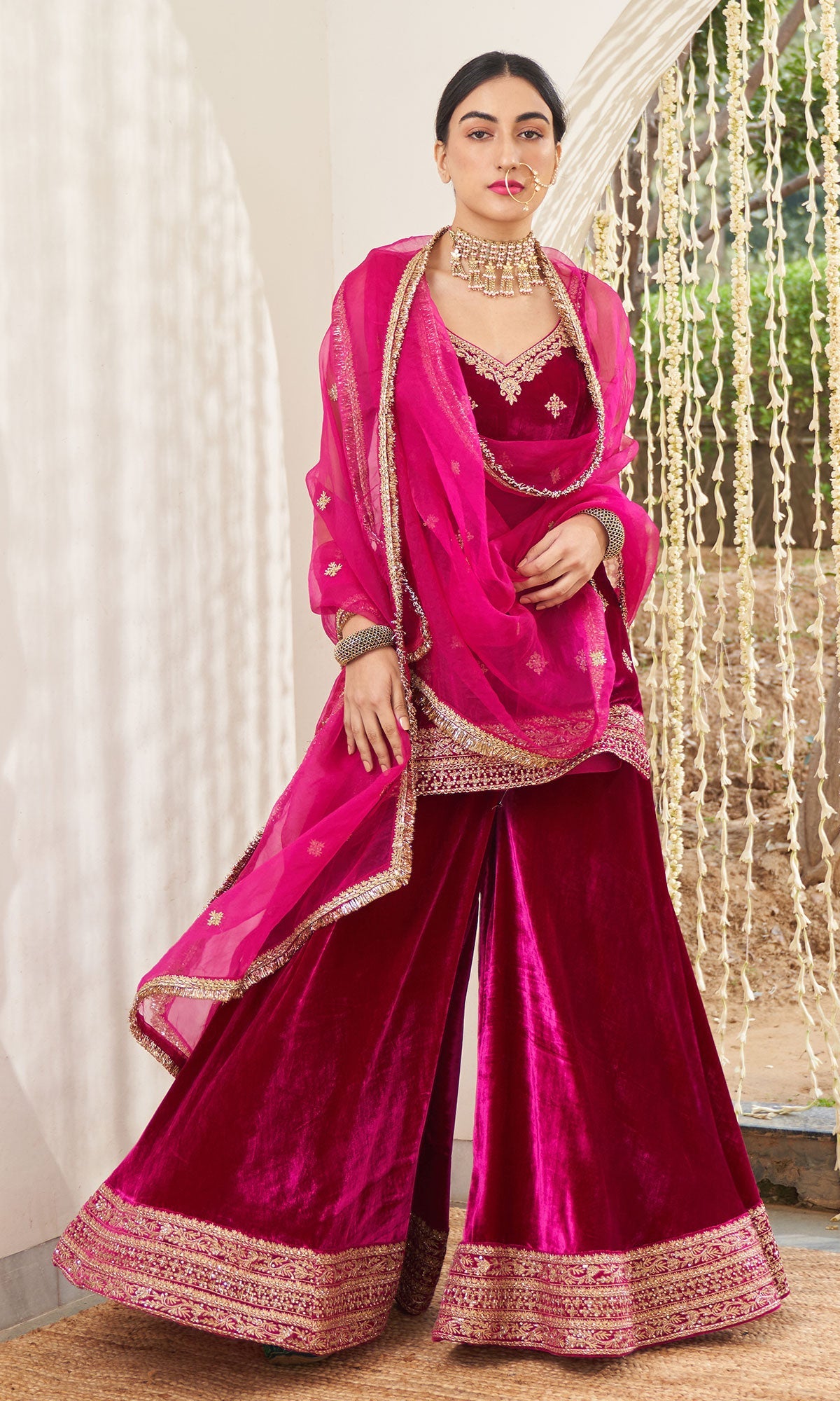 Mirzya - Rani Pink Velvet Sharara set with organza dupatta - setof 3 - Ready to ship