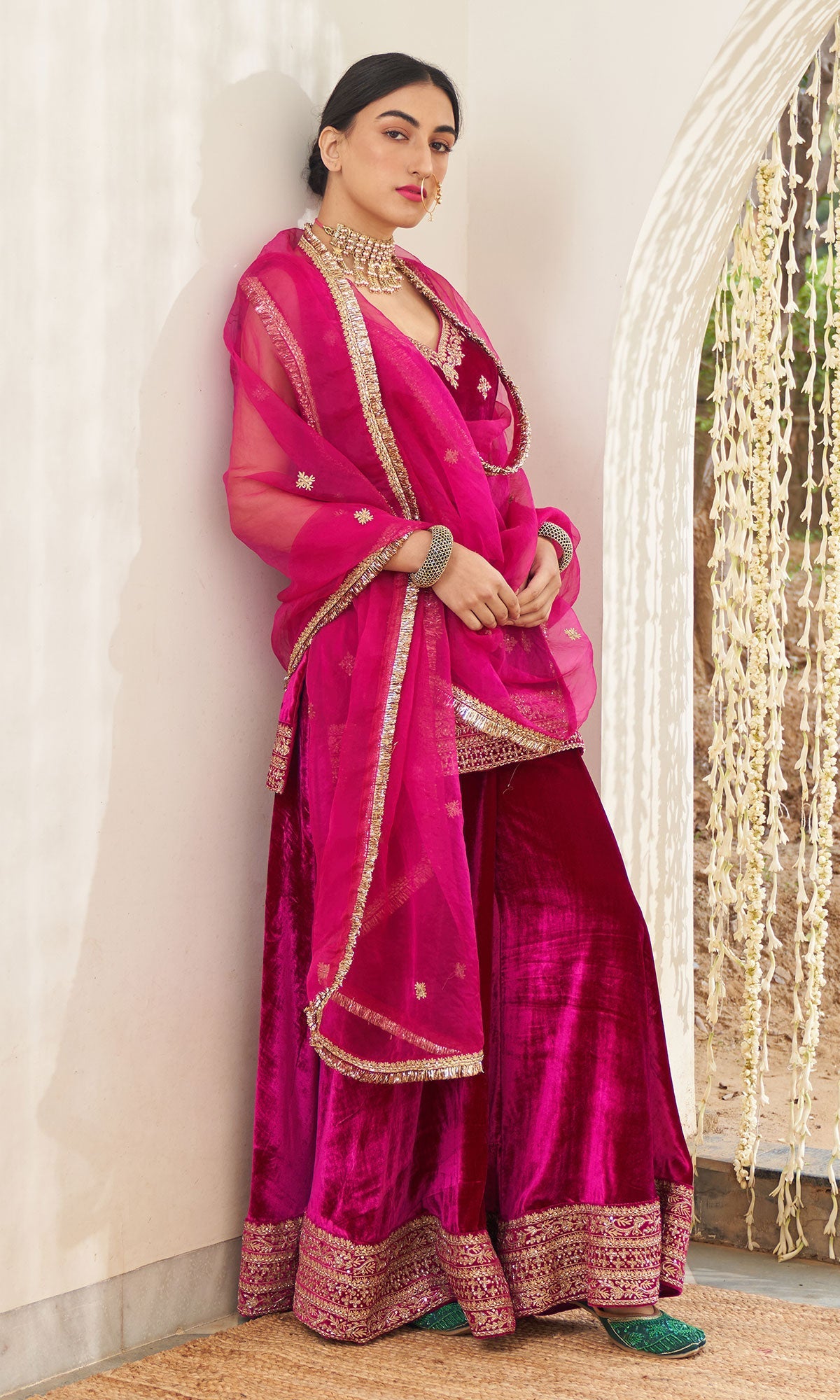 Mirzya - Rani Pink Velvet Sharara set with organza dupatta - setof 3 - Ready to ship