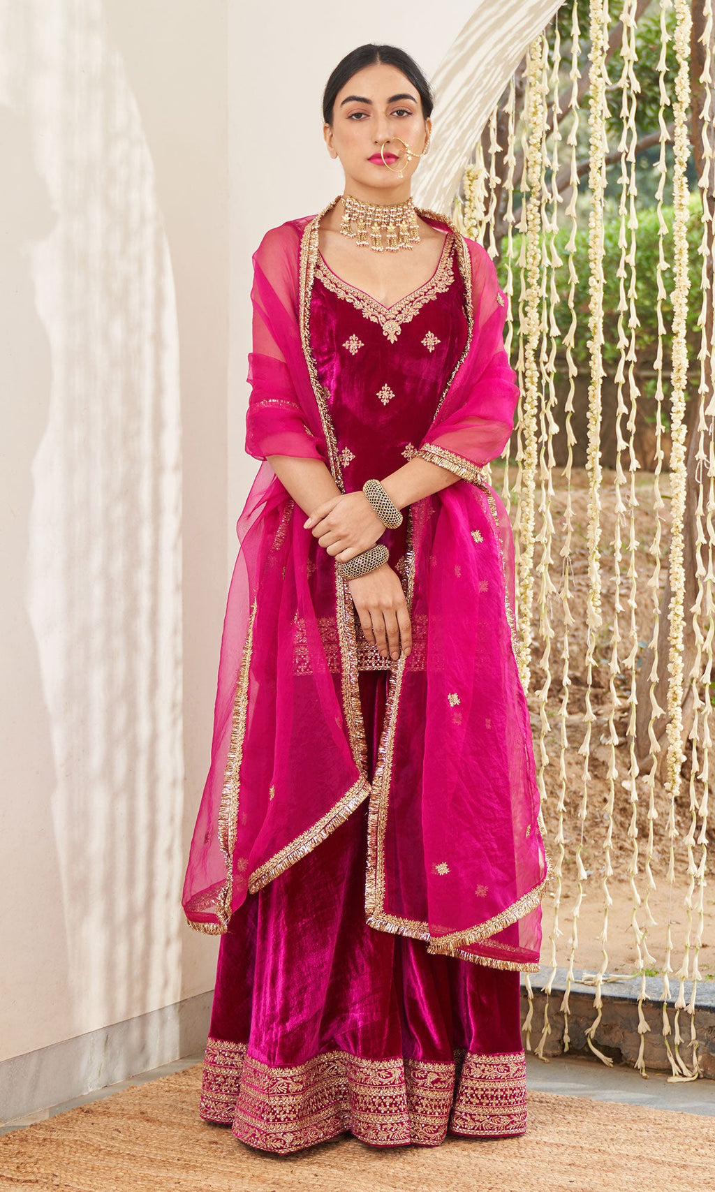 Mirzya - Rani Pink Velvet Sharara set with organza dupatta - setof 3 - Ready to ship