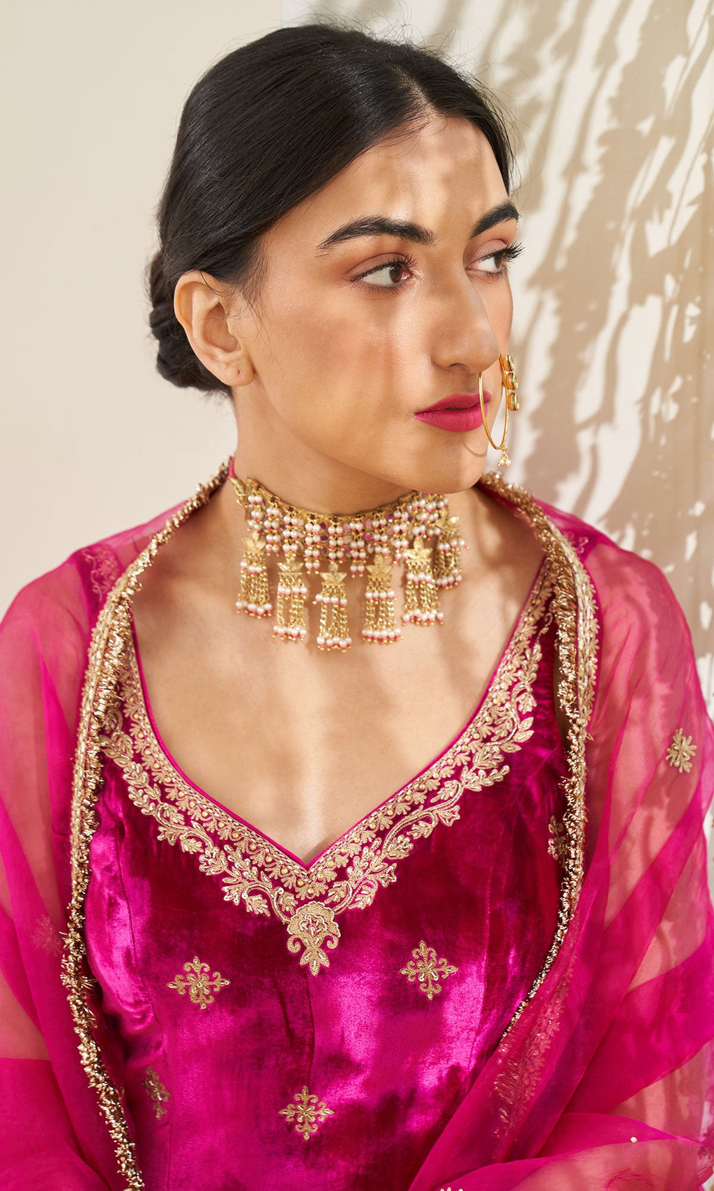 Mirzya - Rani Pink Velvet Sharara set with organza dupatta - setof 3 - Ready to ship