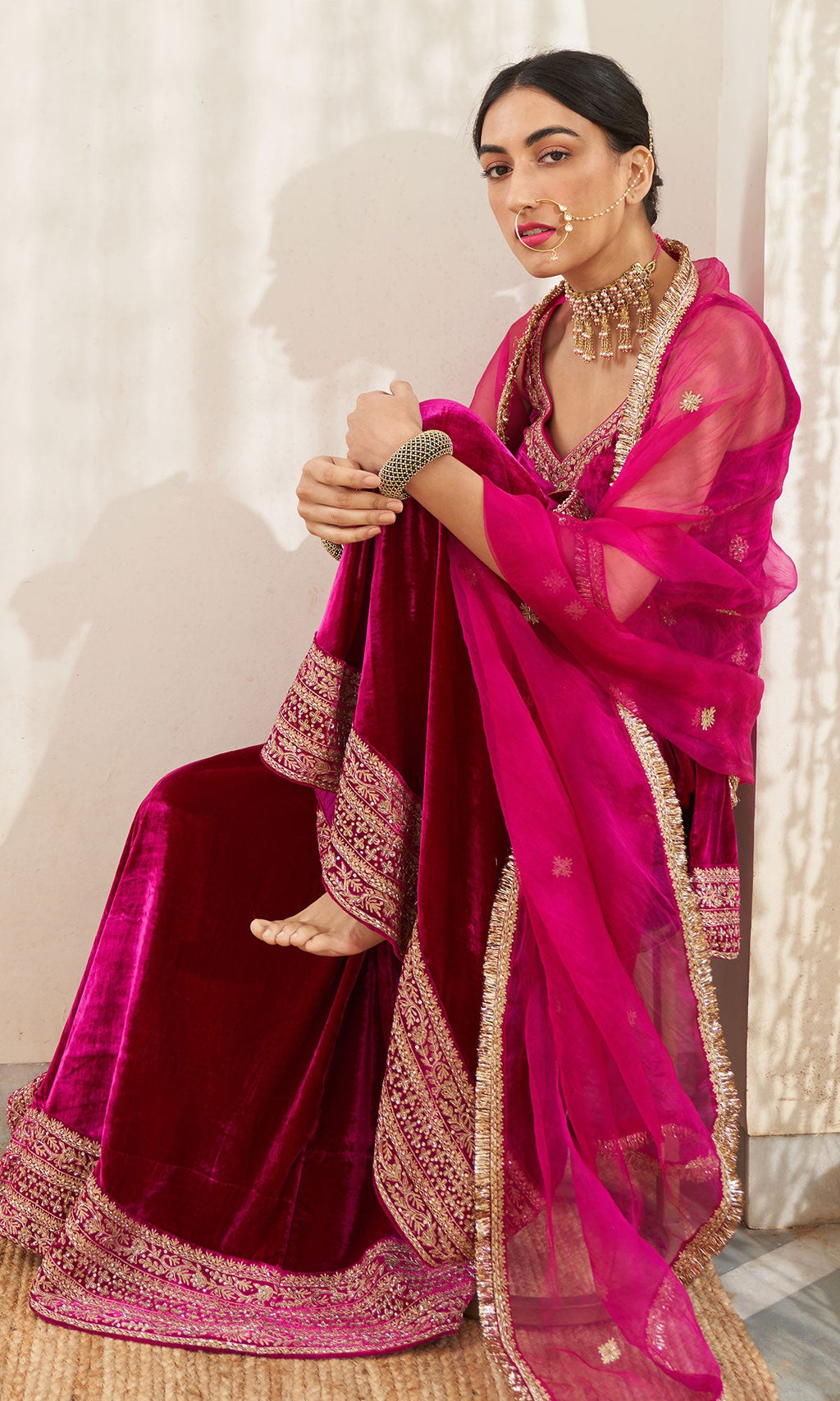 Mirzya - Rani Pink Velvet Sharara set with organza dupatta - setof 3 - Ready to ship