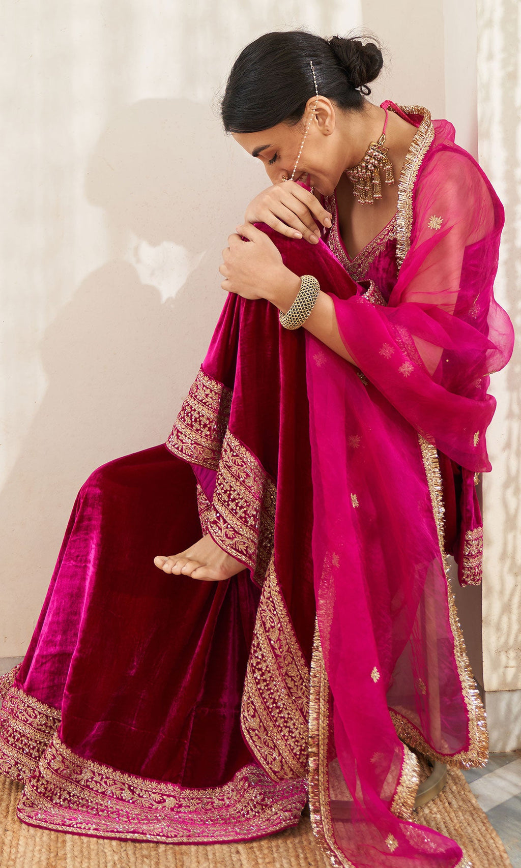 Mirzya - Rani Pink Velvet Sharara set with organza dupatta - setof 3 - Ready to ship