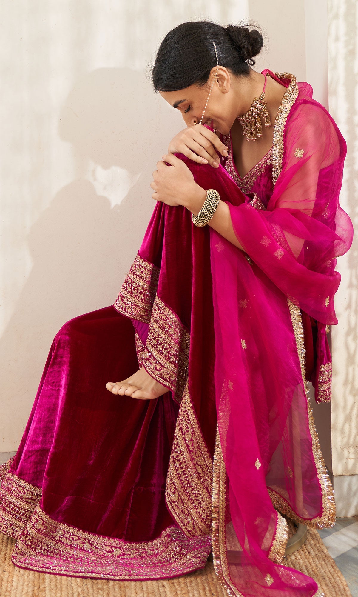 Mirzya - Rani Pink Velvet Sharara set with organza dupatta - setof 3 - Ready to ship