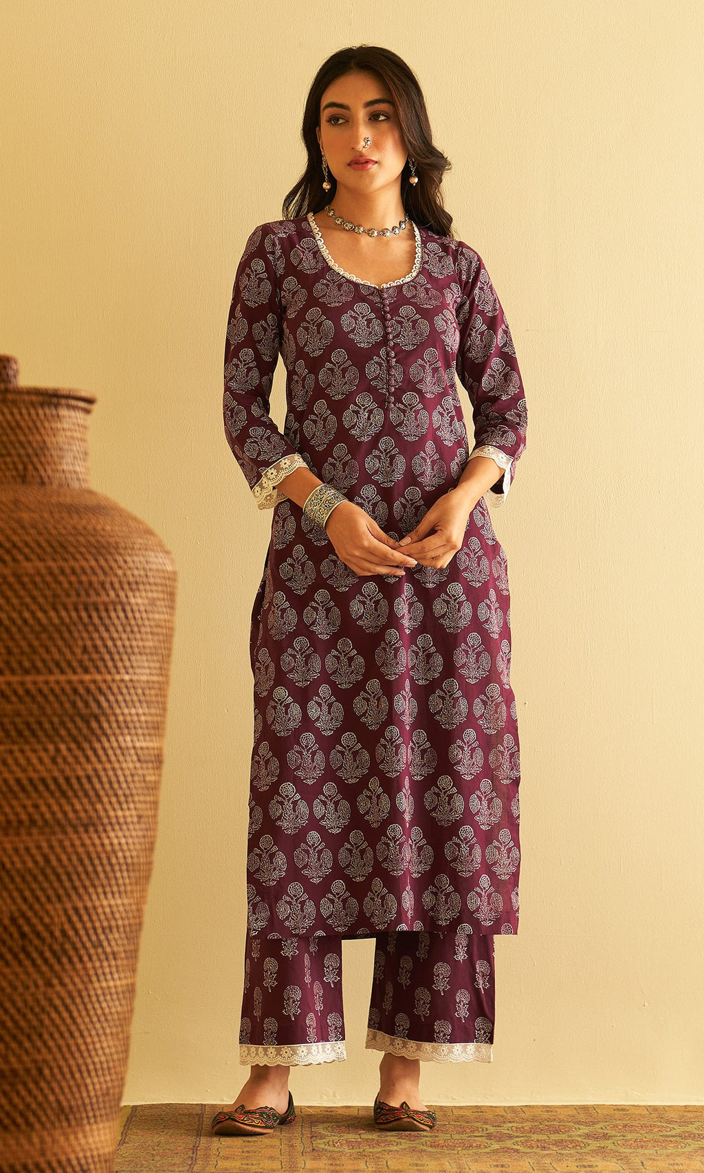 Kimaaya Khari Block Printed Wine Mughal Buti Straight Kurta With Palazzo And Dupatta.(Set Of 3) - Ready to ship