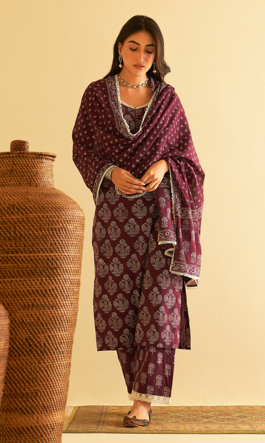 Kimaaya Khari Block Printed Wine Mughal Buti Straight Kurta With Palazzo And Dupatta.(Set Of 3) - Ready to ship