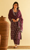 Kimaaya Khari Block Printed Wine Mughal Buti Straight Kurta With Palazzo And Dupatta.(Set Of 3) - Ready to ship