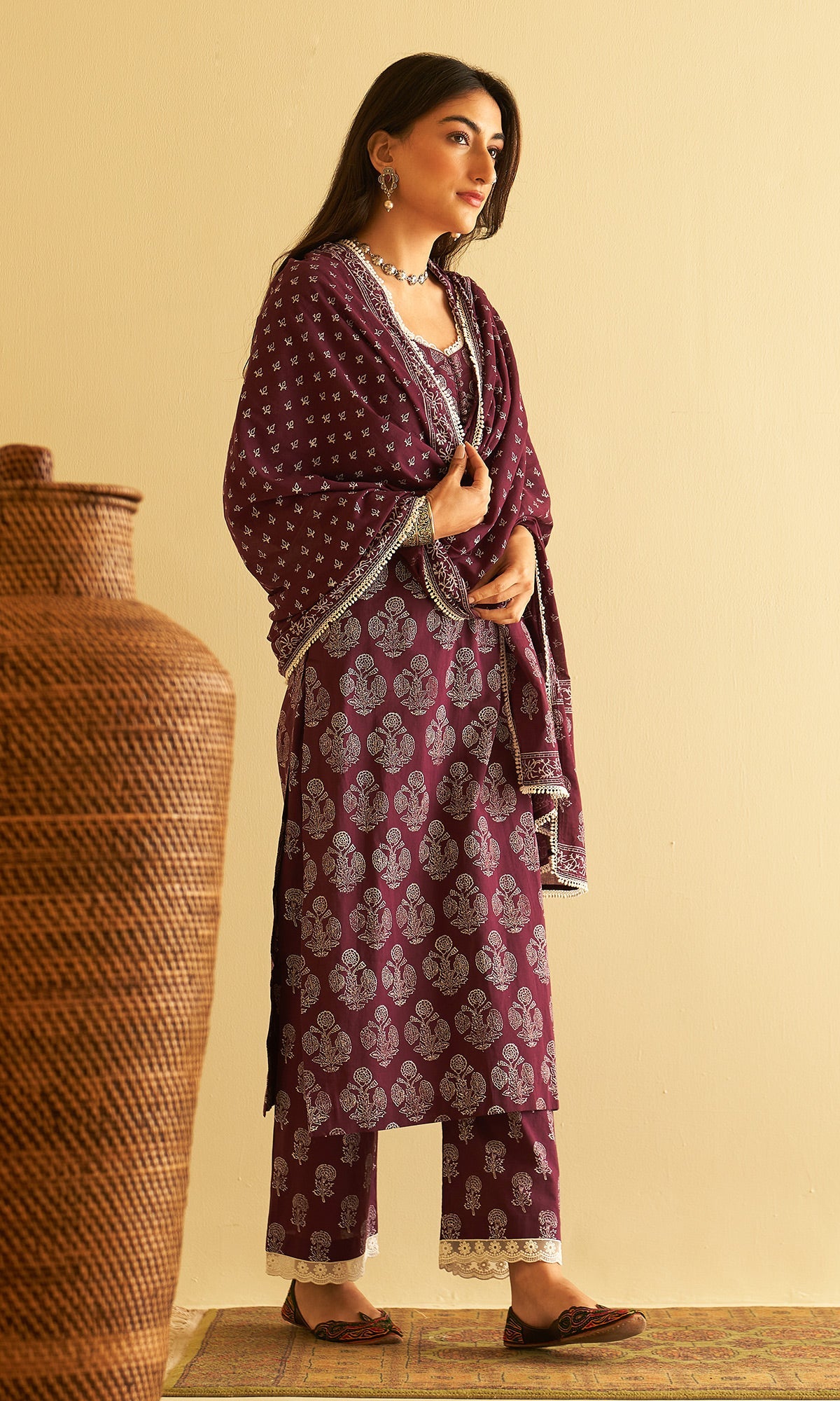 Kimaaya Khari Block Printed Wine Mughal Buti Straight Kurta With Palazzo And Dupatta.(Set Of 3) - Ready to ship