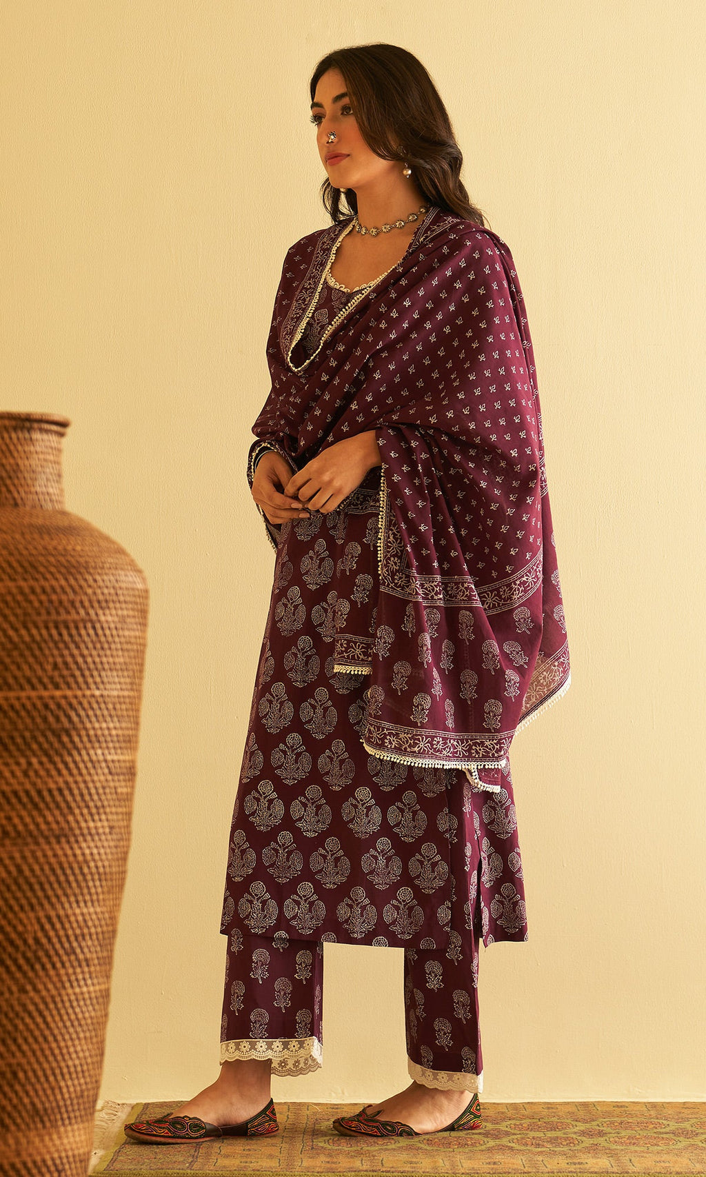 Kimaaya Khari Block Printed Wine Mughal Buti Straight Kurta With Palazzo And Dupatta.(Set Of 3) - Ready to ship