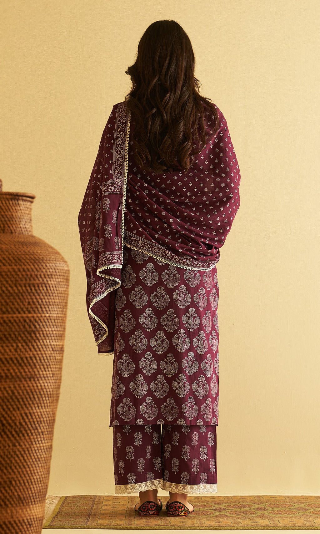 Kimaaya Khari Block Printed Wine Mughal Buti Straight Kurta With Palazzo And Dupatta.(Set Of 3) - Ready to ship