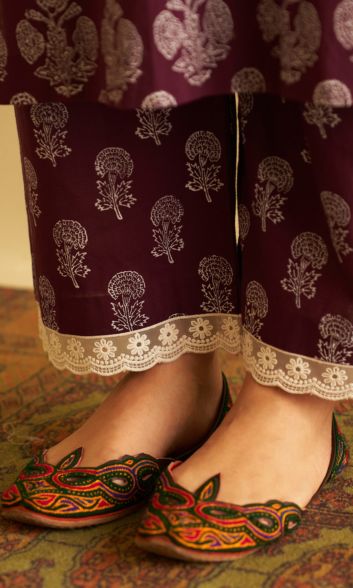 Kimaaya Khari Block Printed Wine Mughal Buti Straight Kurta With Palazzo And Dupatta.(Set Of 3) - Ready to ship