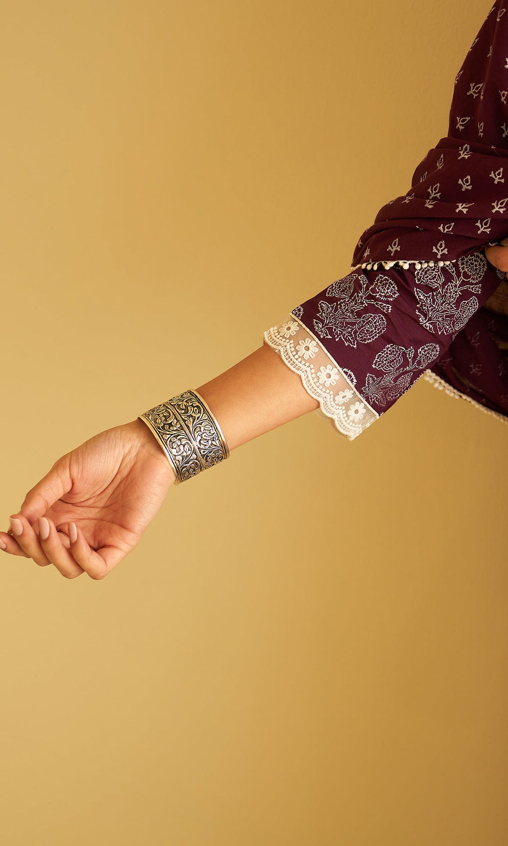 Kimaaya Khari Block Printed Wine Mughal Buti Straight Kurta With Palazzo And Dupatta.(Set Of 3) - Ready to ship