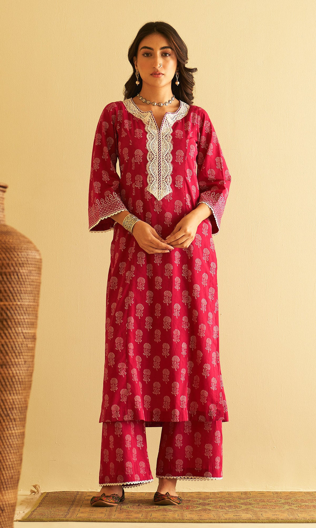 Kimaaya Khari Block Printed Pink Straight Kurta With Palazzo And Dupatta.( Set Of 3) - Ready to ship