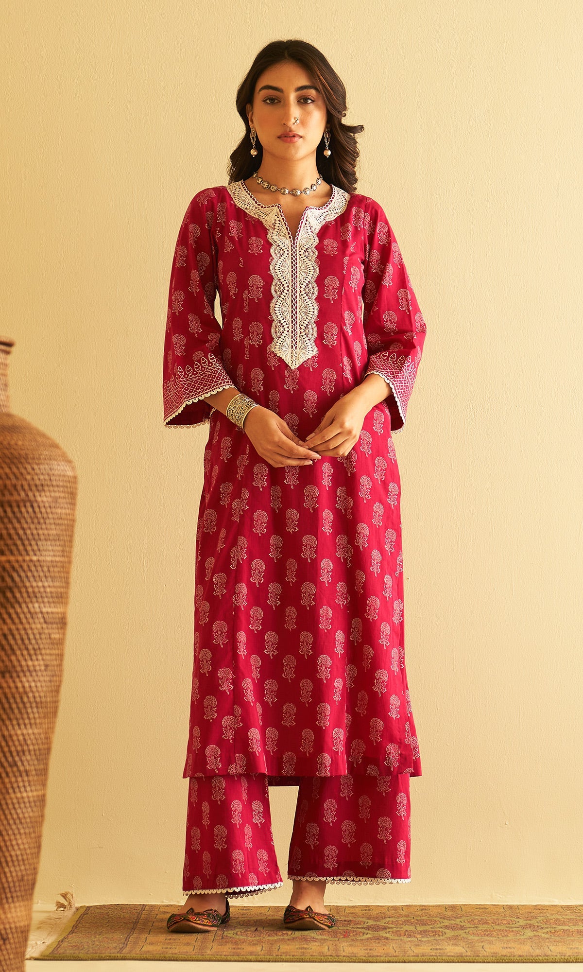 Kimaaya Khari Block Printed Pink Straight Kurta With Palazzo And Dupatta.( Set Of 3) - Ready to ship