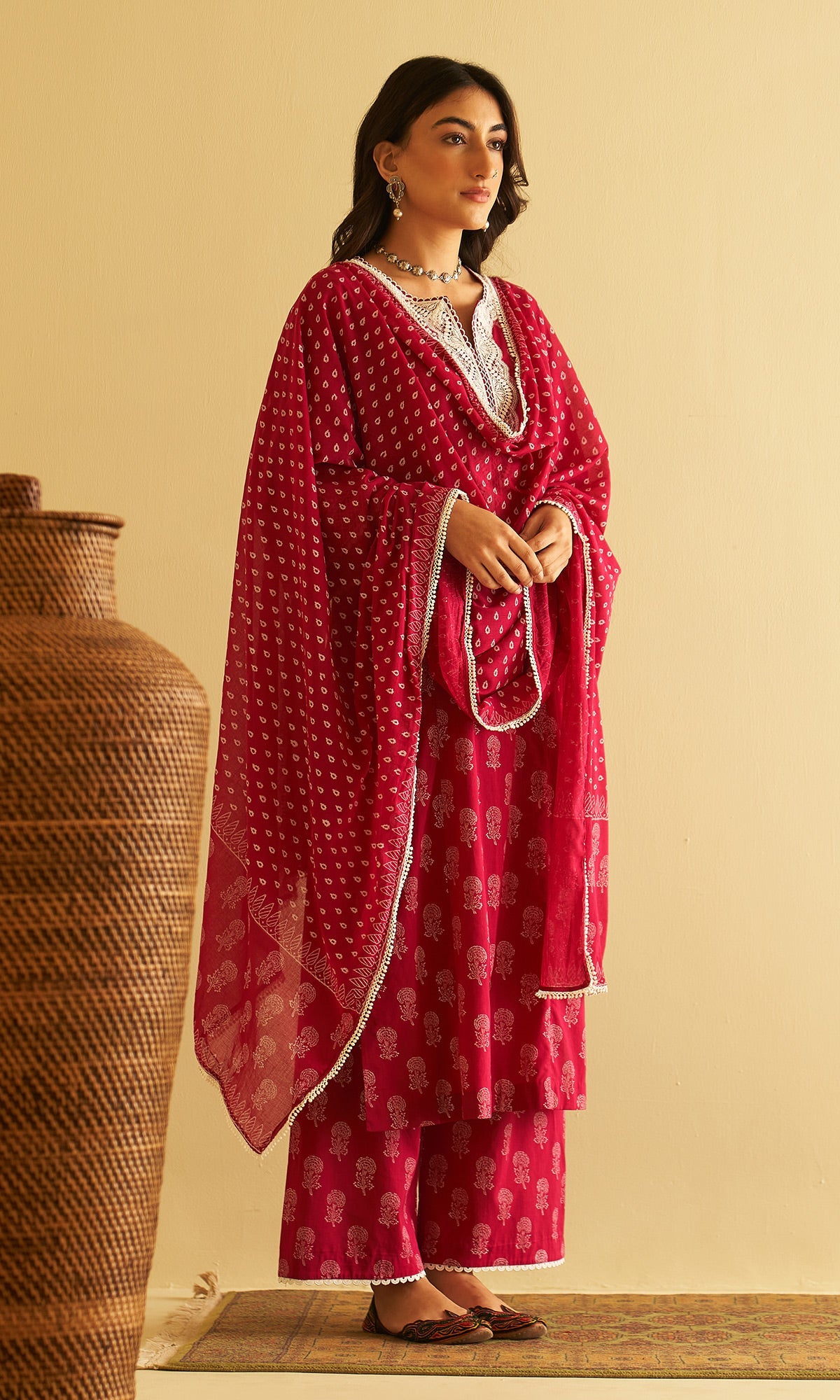Kimaaya Khari Block Printed Pink Straight Kurta With Palazzo And Dupatta.( Set Of 3) - Ready to ship