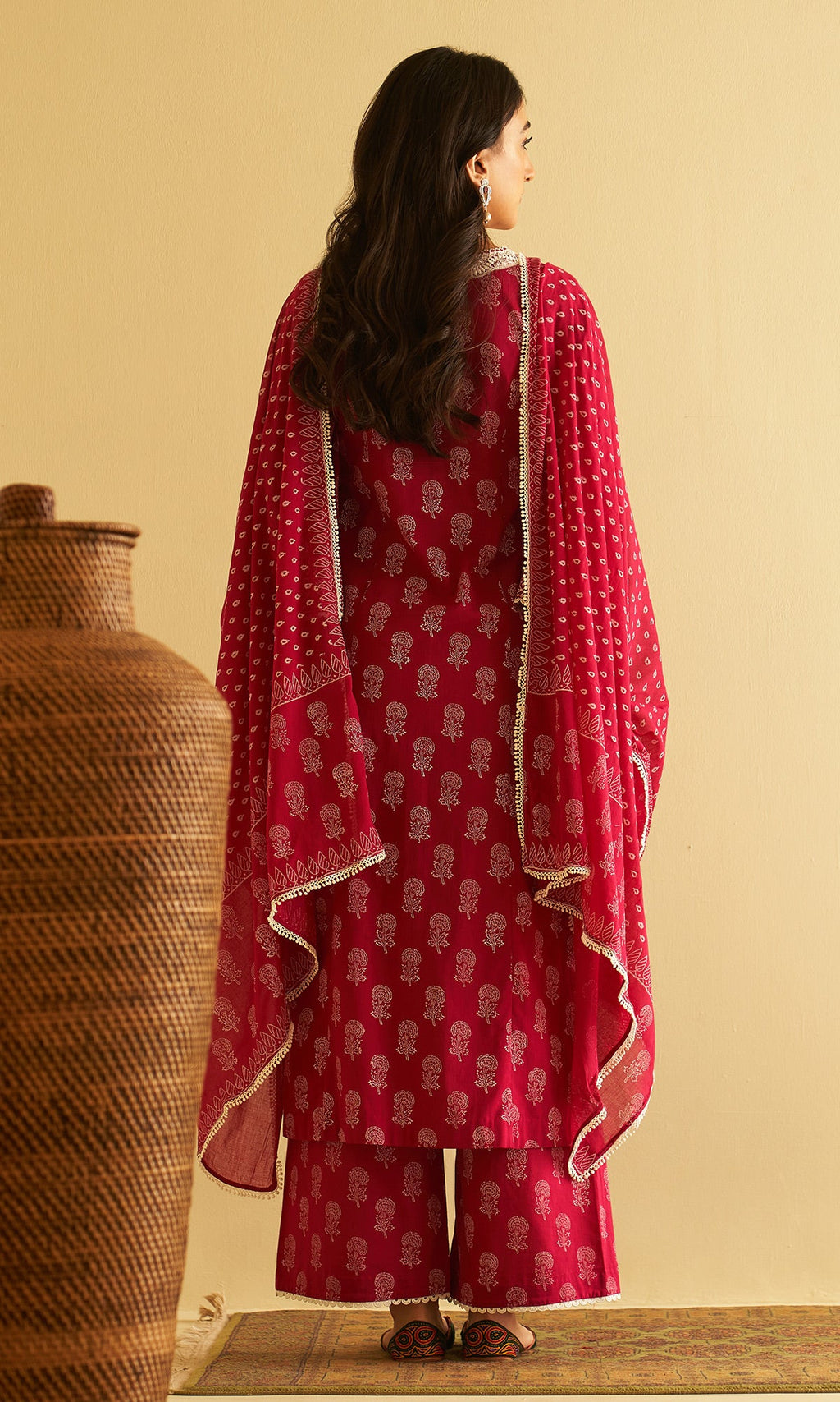 Kimaaya Khari Block Printed Pink Straight Kurta With Palazzo And Dupatta.( Set Of 3) - Ready to ship