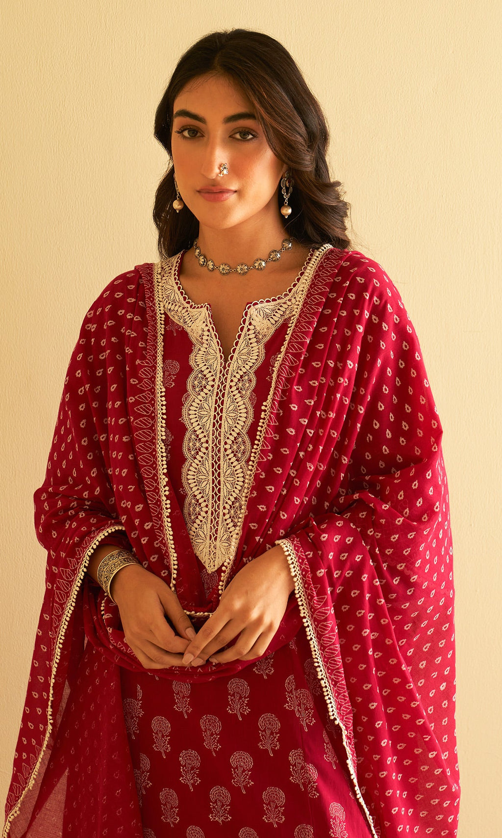 Kimaaya Khari Block Printed Pink Straight Kurta With Palazzo And Dupatta.( Set Of 3) - Ready to ship