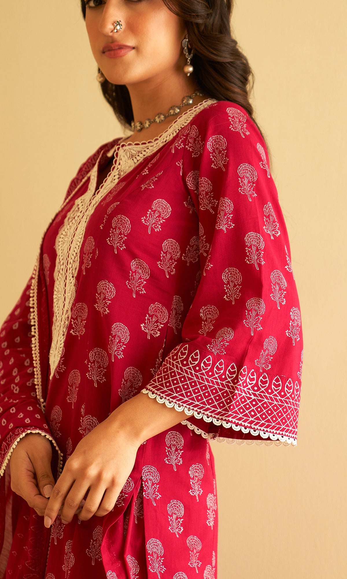 Kimaaya Khari Block Printed Pink Straight Kurta With Palazzo And Dupatta.( Set Of 3) - Ready to ship