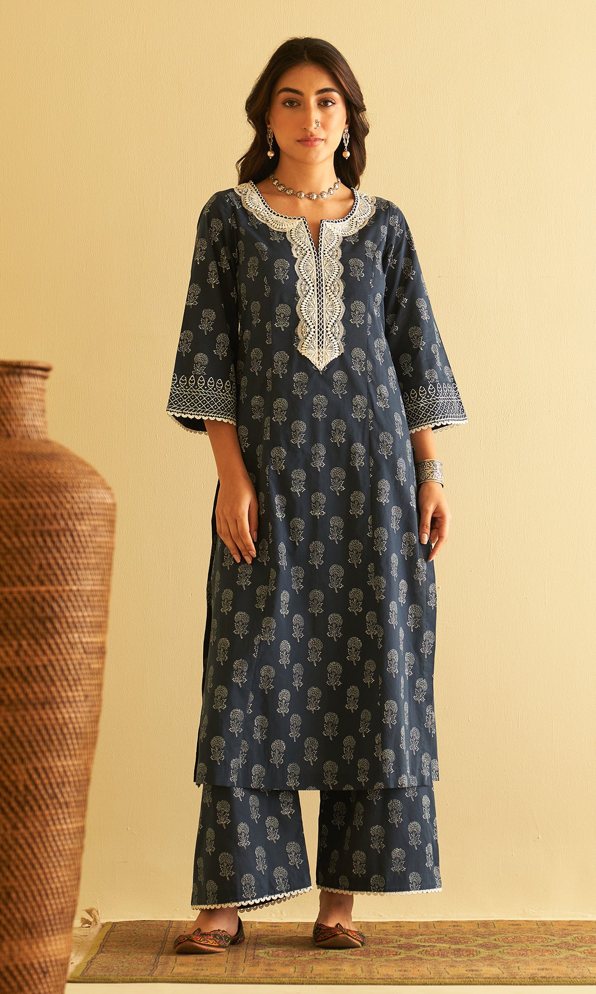 Kimaaya Khari Block Printed Midnight Blue Straight Kurta With Palazzo And Dupatta.( Set Of 3) - Ready to ship