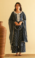Kimaaya Khari Block Printed Midnight Blue Straight Kurta With Palazzo And Dupatta.( Set Of 3) - Ready to ship