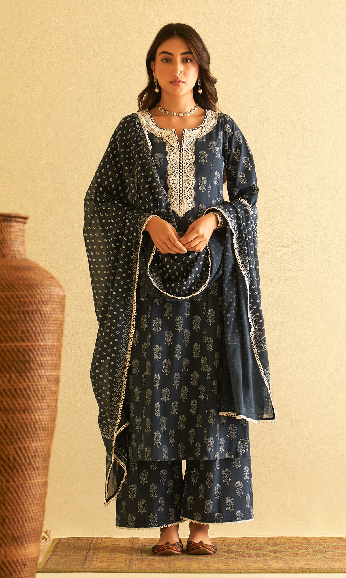 Kimaaya Khari Block Printed Midnight Blue Straight Kurta With Palazzo And Dupatta.( Set Of 3) - Ready to ship