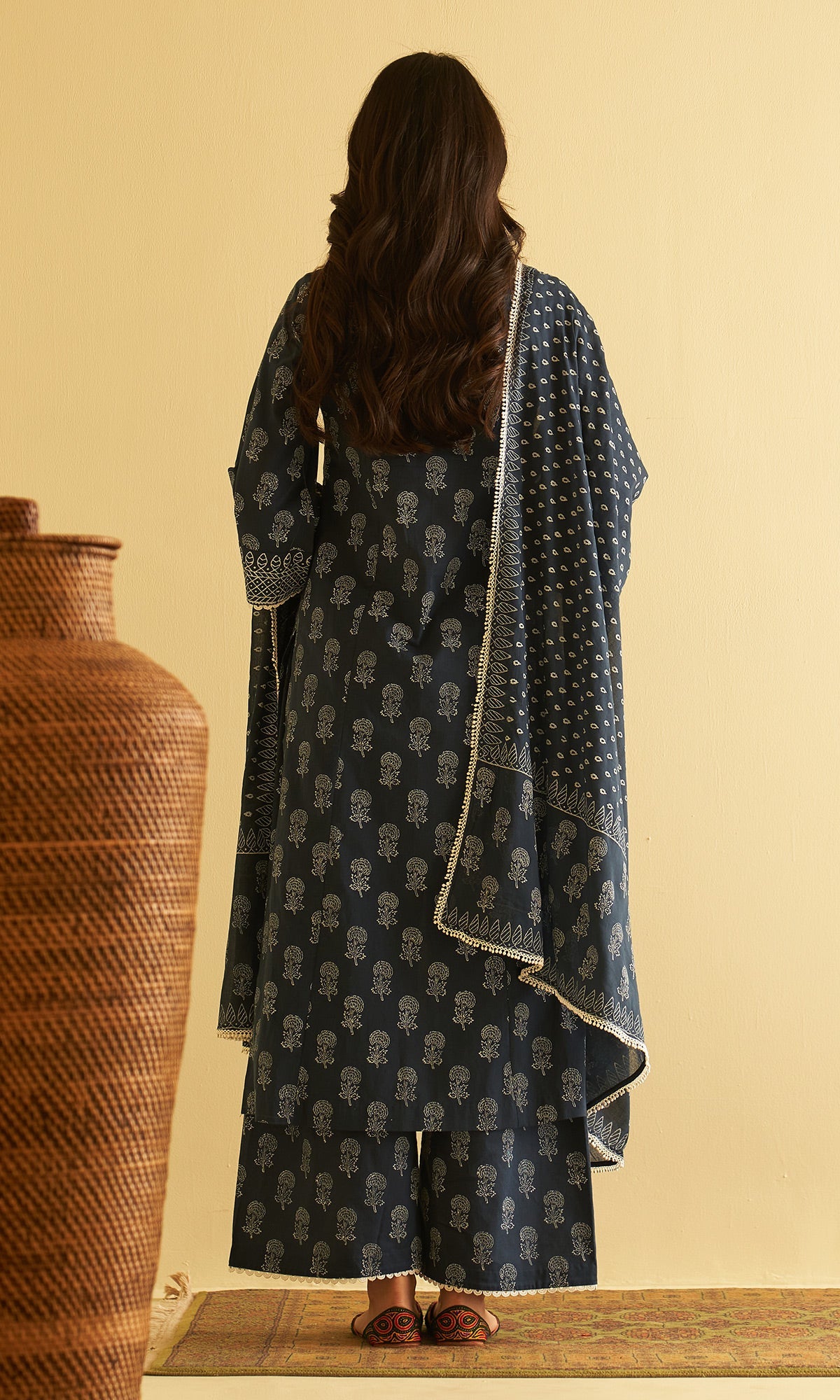 Kimaaya Khari Block Printed Midnight Blue Straight Kurta With Palazzo And Dupatta.( Set Of 3) - Ready to ship
