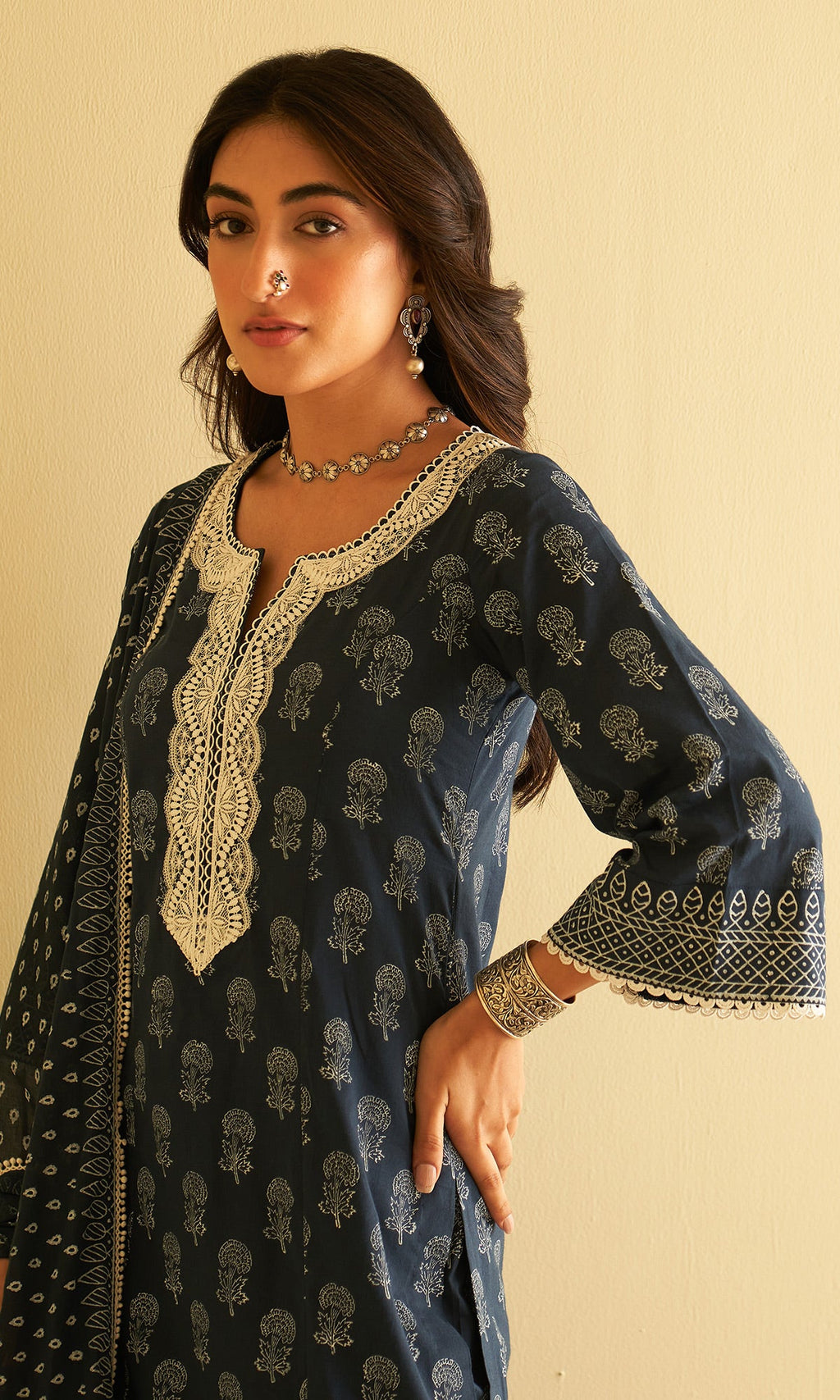 Kimaaya Khari Block Printed Midnight Blue Straight Kurta With Palazzo And Dupatta.( Set Of 3) - Ready to ship