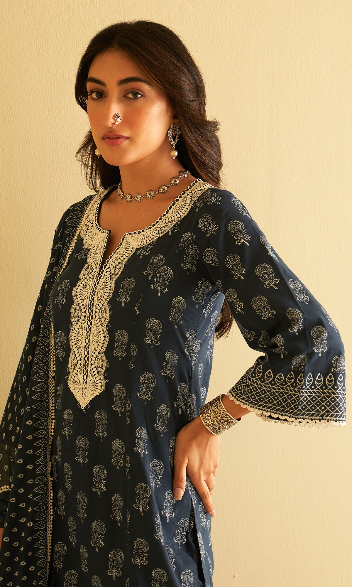 Kimaaya Khari Block Printed Midnight Blue Straight Kurta With Palazzo And Dupatta.( Set Of 3) - Ready to ship