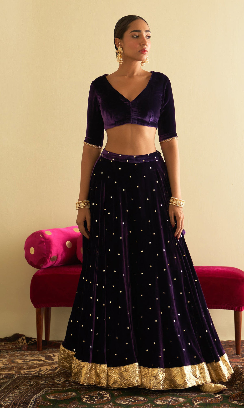 Sufiya Velvet Purple Embroidered Mukaish lehenga with velvet blouse and shawl (set of 3) - Ready to ship