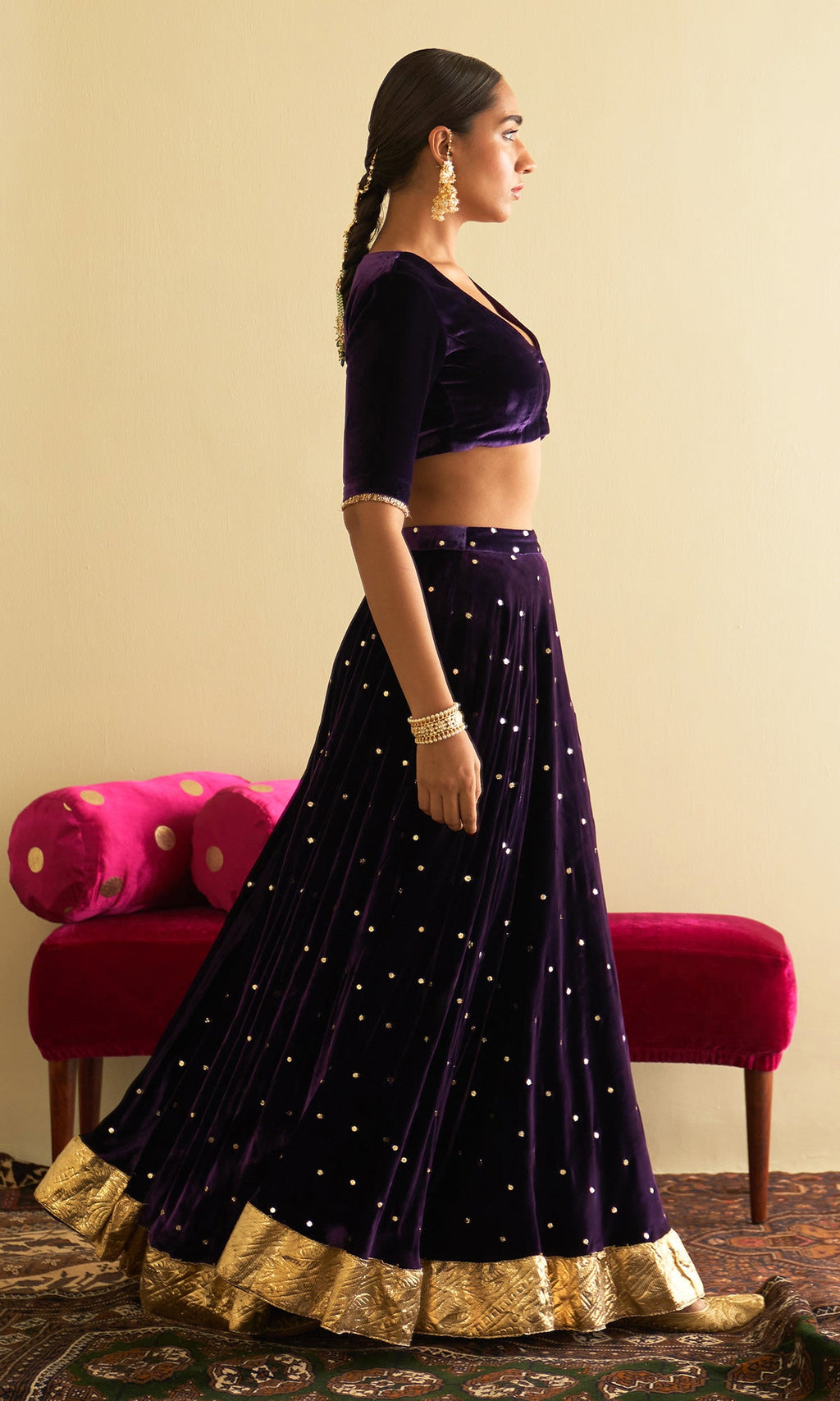 Sufiya Velvet Purple Embroidered Mukaish lehenga with velvet blouse and shawl (set of 3) - Ready to ship