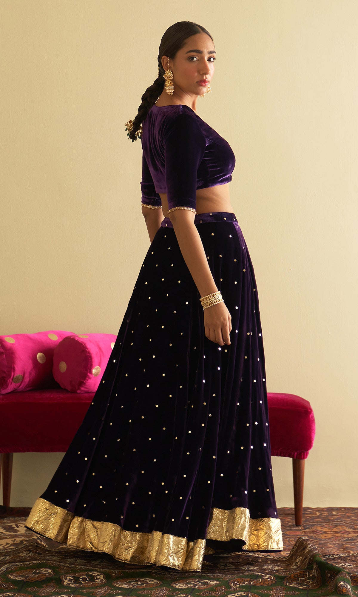 Sufiya Velvet Purple Embroidered Mukaish lehenga with velvet blouse and shawl (set of 3) - Ready to ship