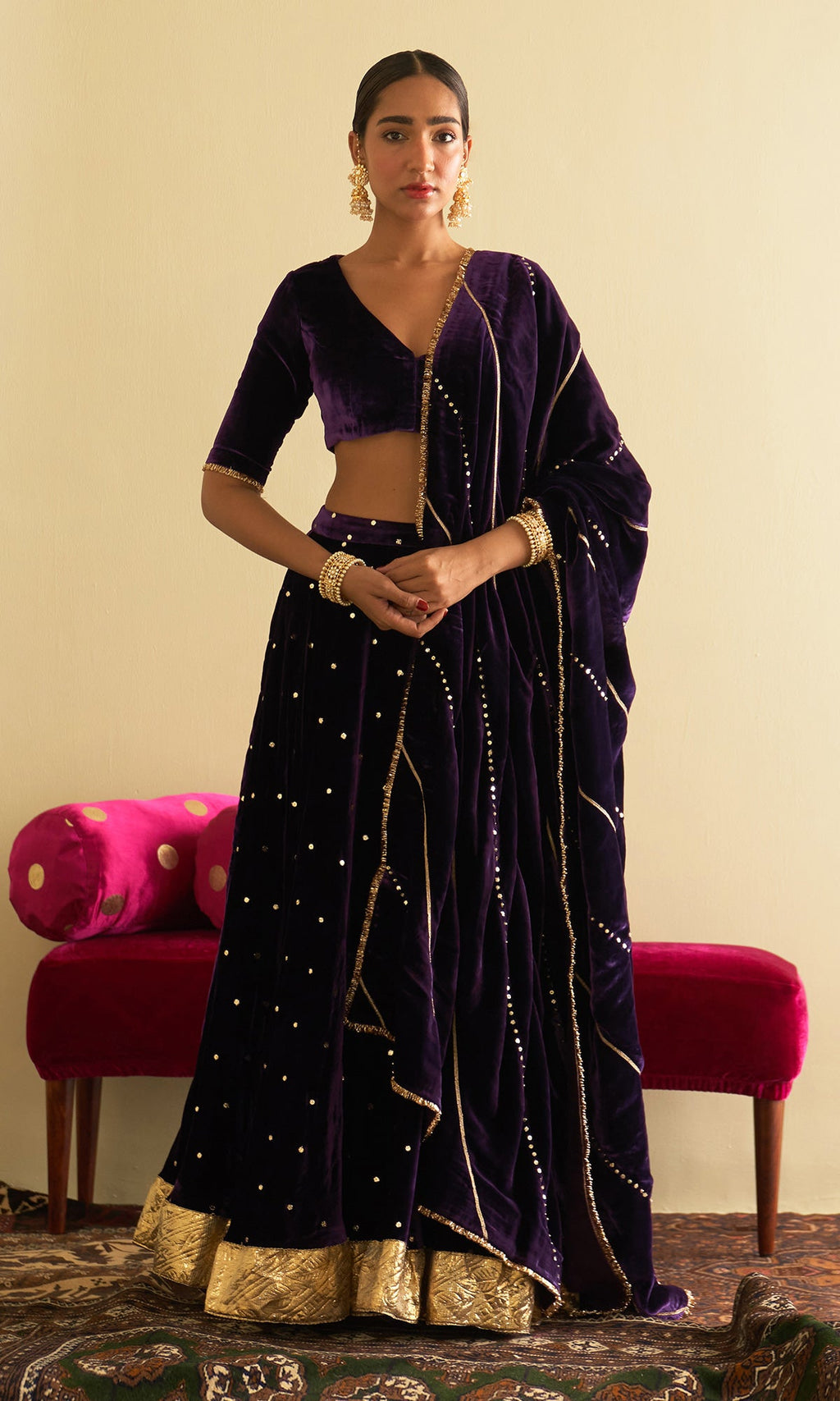 Sufiya Velvet Purple Embroidered Mukaish lehenga with velvet blouse and shawl (set of 3) - Ready to ship