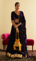 Sufiya Velvet Purple Embroidered Mukaish lehenga with velvet blouse and shawl (set of 3) - Ready to ship