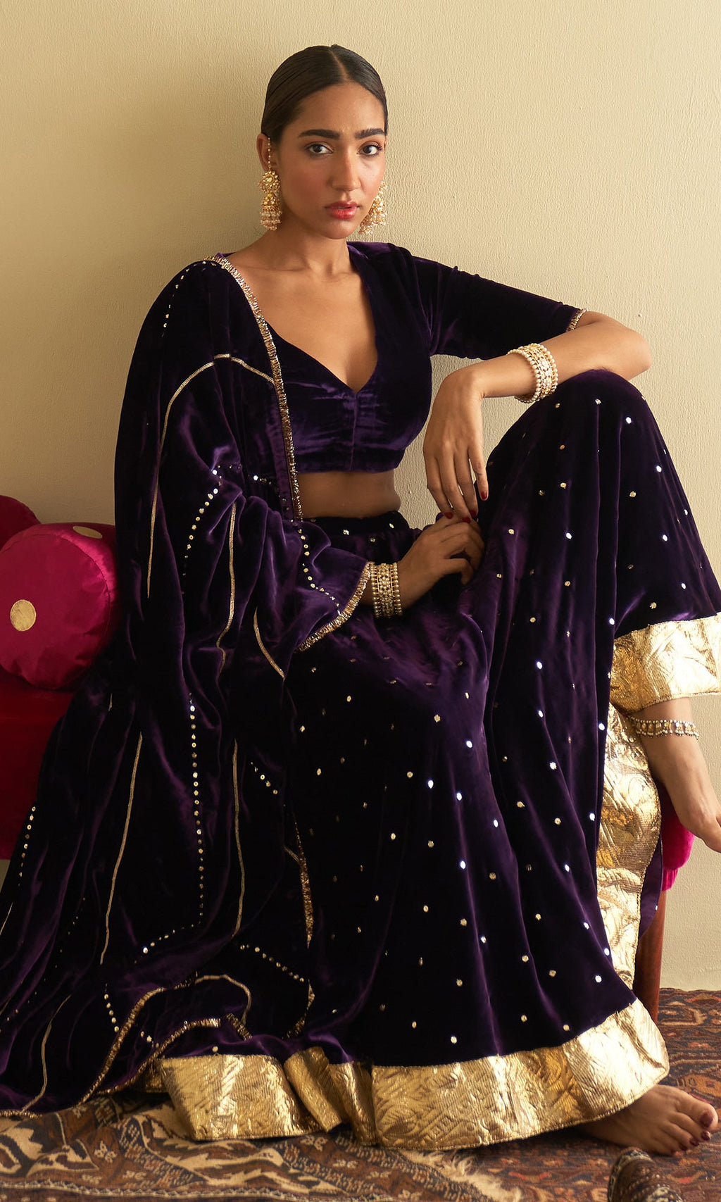 Sufiya Velvet Purple Embroidered Mukaish lehenga with velvet blouse and shawl (set of 3) - Ready to ship