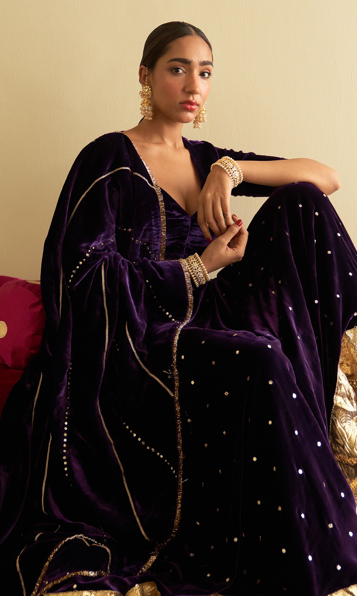 Sufiya Velvet Purple Embroidered Mukaish lehenga with velvet blouse and shawl (set of 3) - Ready to ship