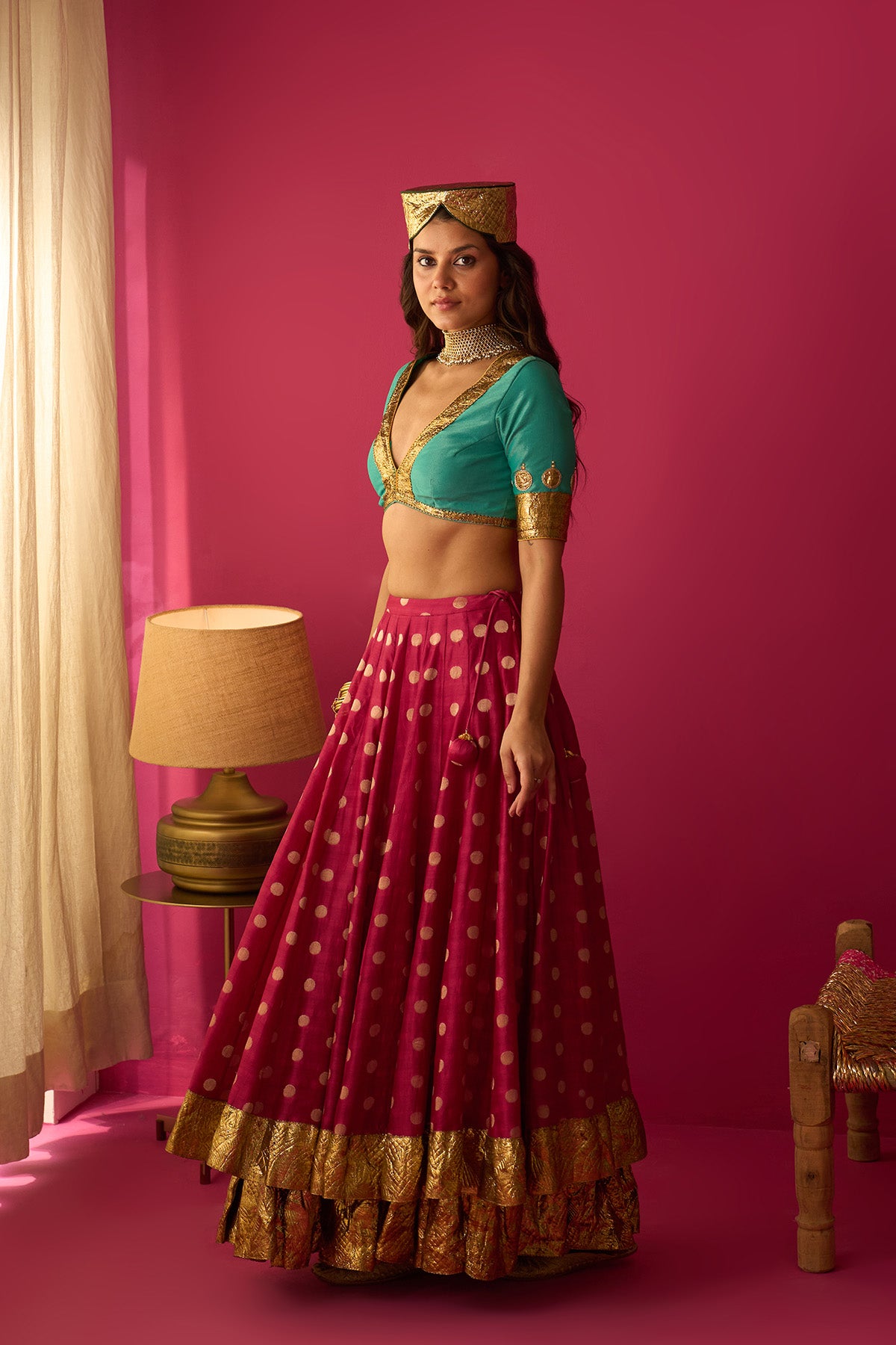 Nur pink double layer gota lehenga with blouse and mustard dupatta (set of 3) - Ready to ship