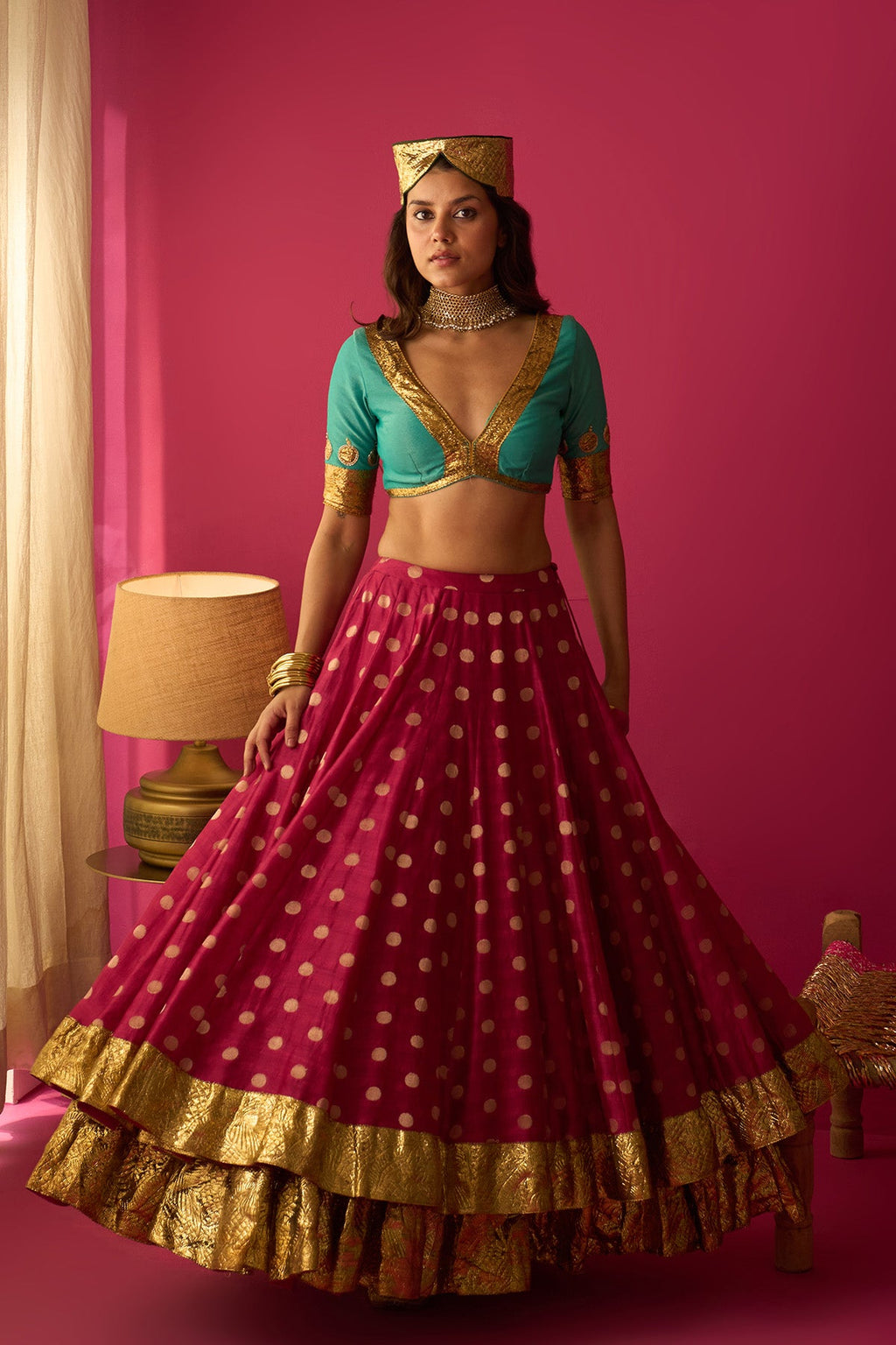 Nur pink double layer gota lehenga with blouse and mustard dupatta (set of 3) - Ready to ship