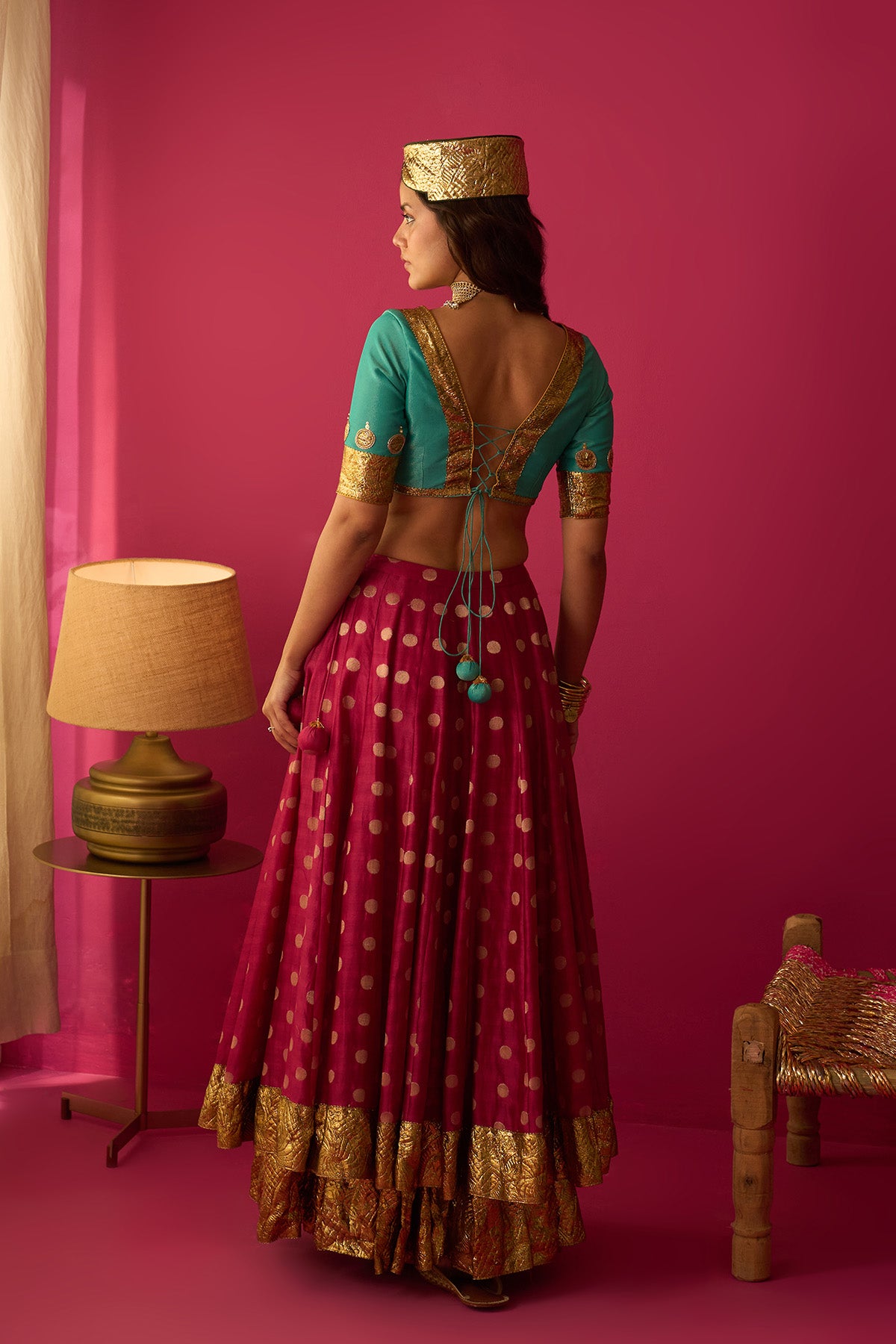 Nur pink double layer gota lehenga with blouse and mustard dupatta (set of 3) - Ready to ship